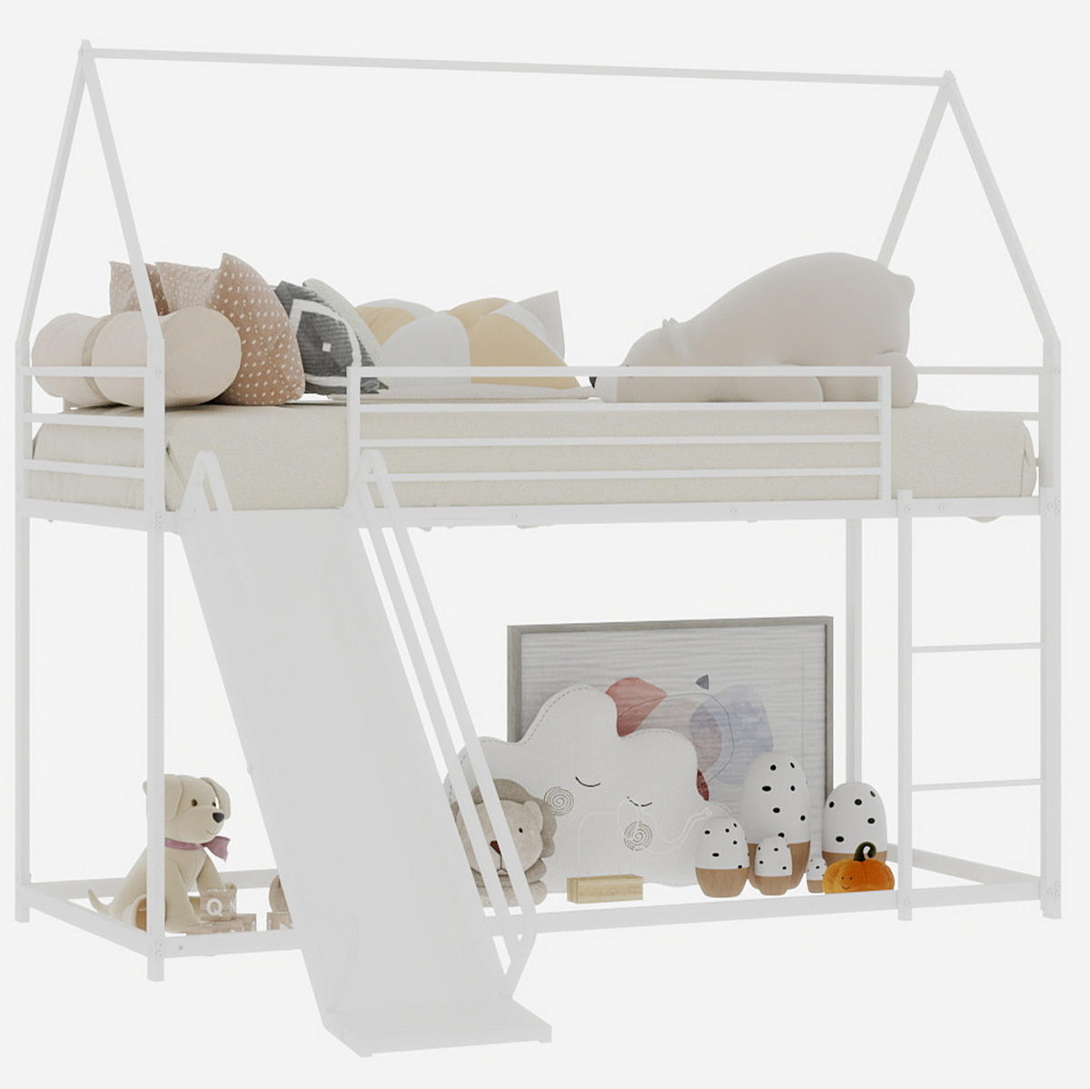 ETAGENBETT 90/200 cm mit Rutsche, Leiter und Spielhausdesign, Weiß - Weiß, Metall (90/200cm) - Redom