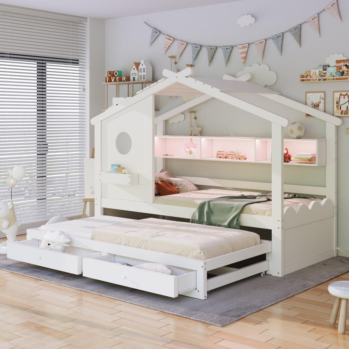 KINDERBETT 90x200 cm Rollbett LED weiß - Weiß, Holz (90/200cm) - LEBENLANG