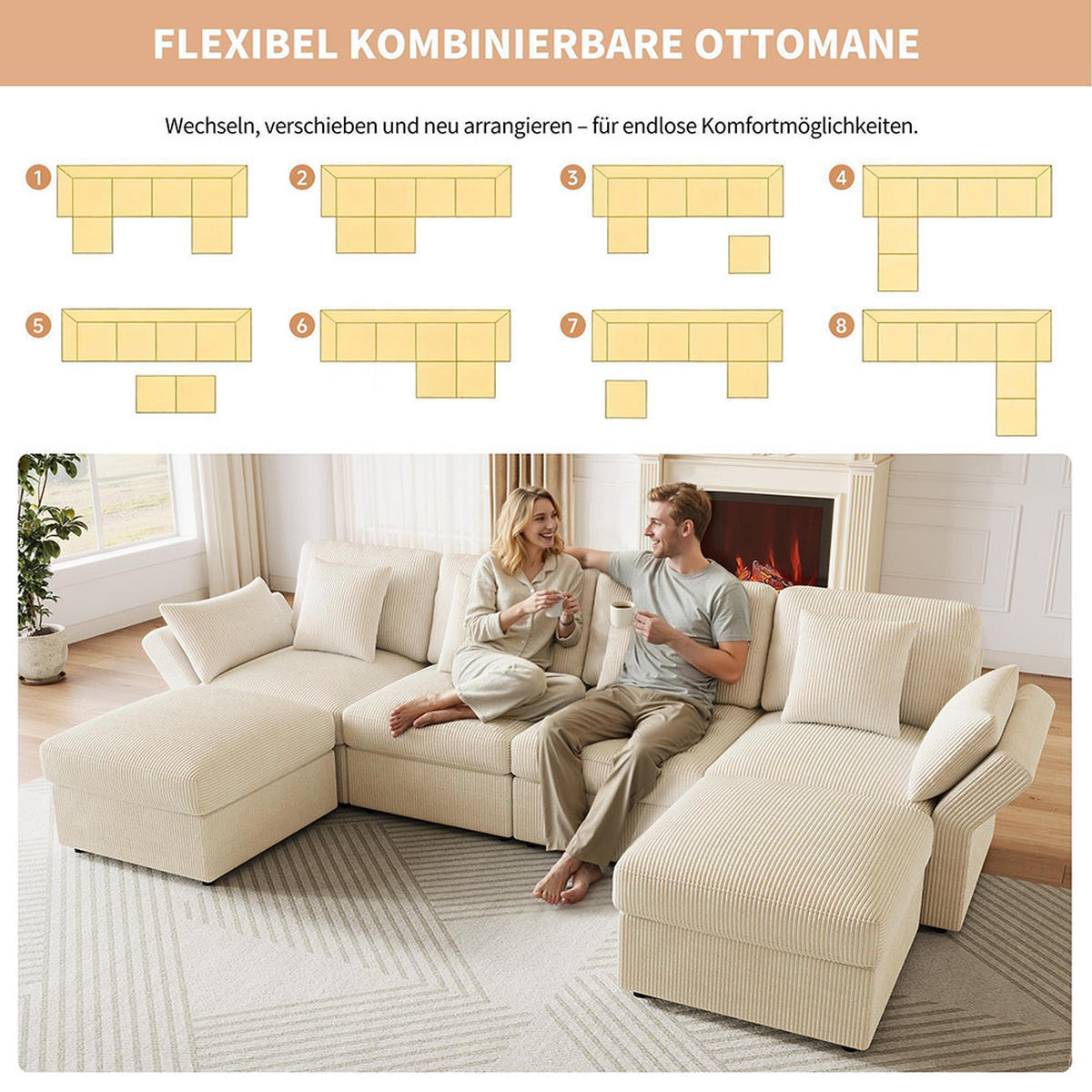 ECKSOFA,SECHSSITZER-SOFA mit verstellbaren Armlehnen in Beige - Beige, Textil (159.5/290cm) - KOMHTOM