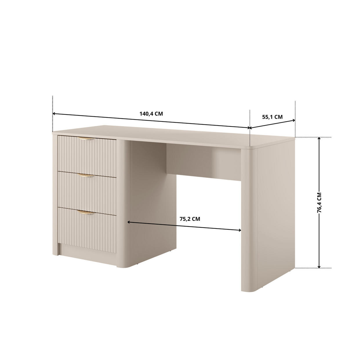 SCHREIBTISCH Flore 140 cm Beige / Gold - mit 3 geriffelten Schubladen - Beige/Gelb, Holz/Holzwerkstoff (55/140/76cm) - Ravio