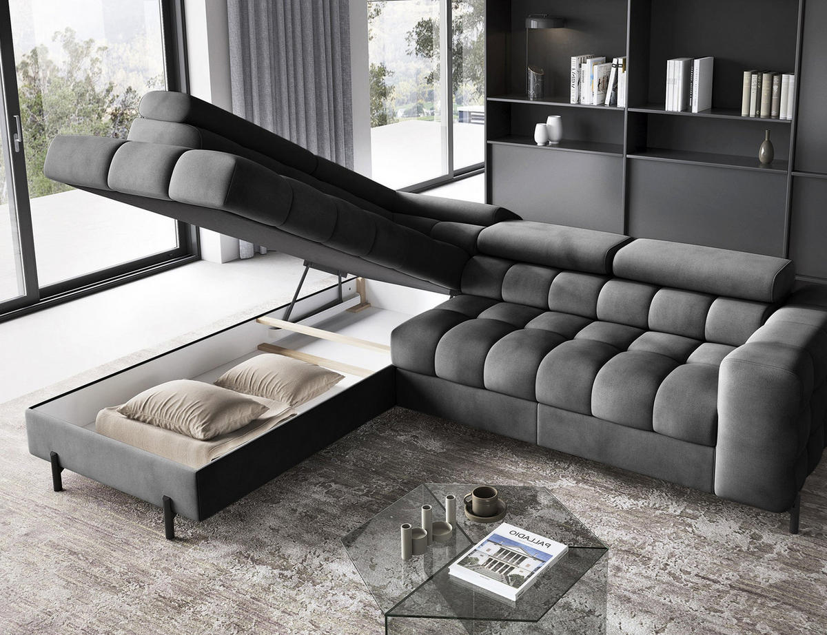 ECKSOFA FERUCCE L-Form – Polsterecke mit Schlaffunktion, Bettkasten & verstellbaren Kopfstützen 276 cm - Anthrazit, Kunststoff (276/200cm)