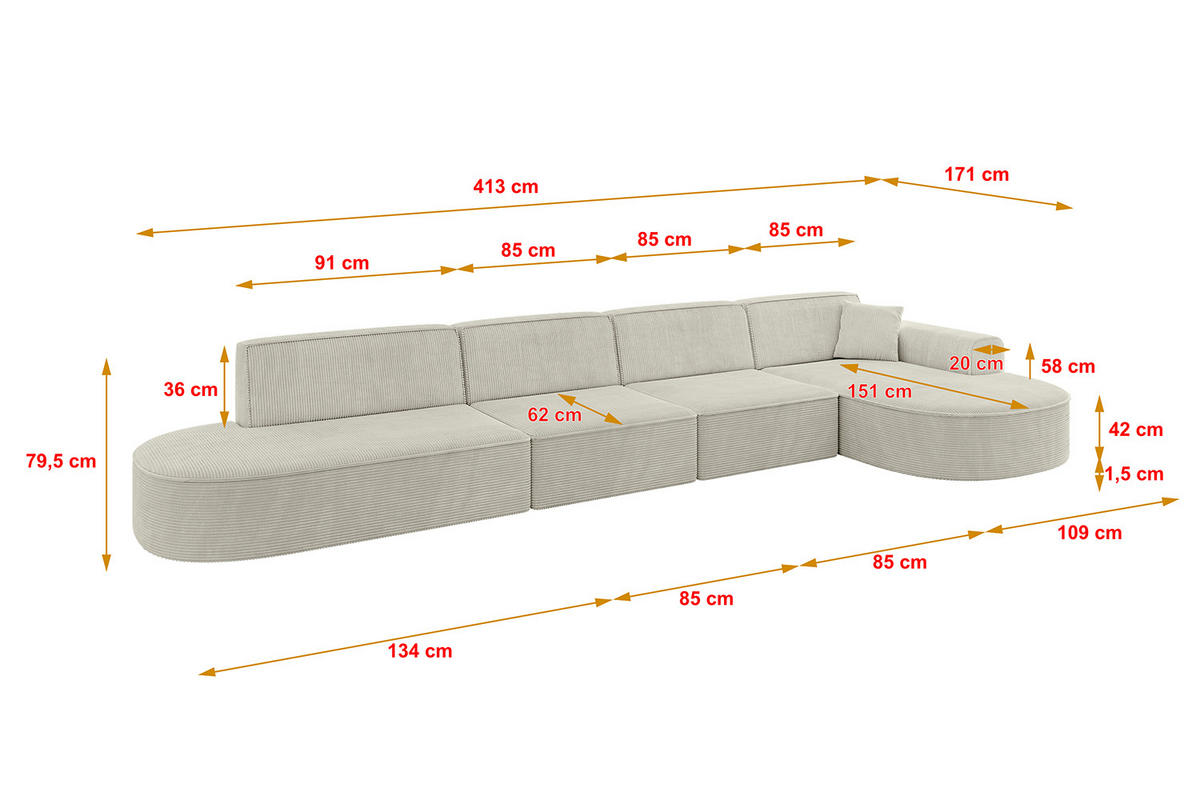 ECKSOFA Ottomane Rechts MARI-L3 - 413x171x79 cm Hellgrau Cord - Hellgrau/Schwarz, Holzwerkstoff/Kunststoff (171/413cm) - ALTDECOR