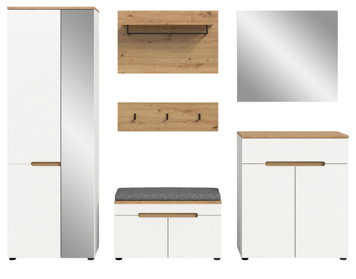 GARDEROBEN-SET weiß, Eiche Artisan 7-teilig, Komplett-Set mit Soft-Close und Sitzkissen - Weiß, Glas/Holzwerkstoff (255/190/37cm) - Inn.Furn