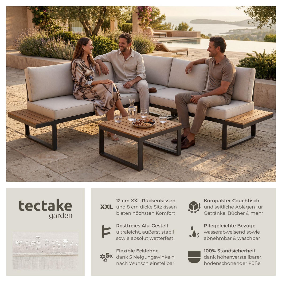 GARTEN-LOUNGE-SET aus Aluminium Eliar, höhenverstellbare Ausgleichsschrauben, schwarz - Schwarz, Kunststoff - tectake