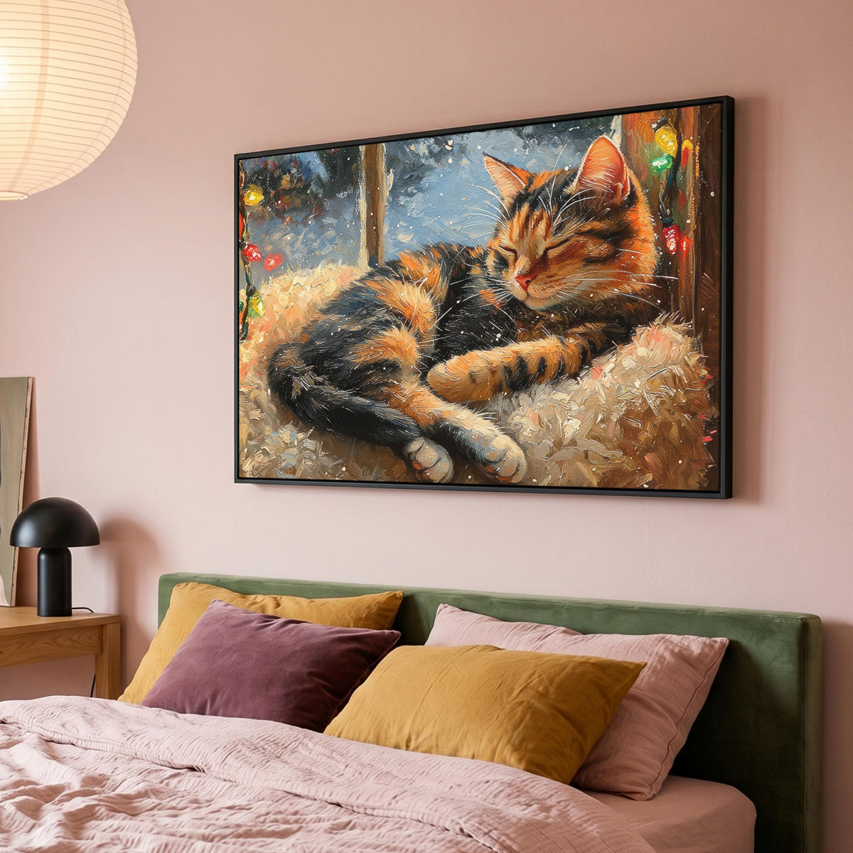 LEINWAND Bilder mit Rahmen - Katze - Weihnachten - Winter - Tier - 150x100 - Bernsteinfarben, Textil (150/100cm) - MuchoWow