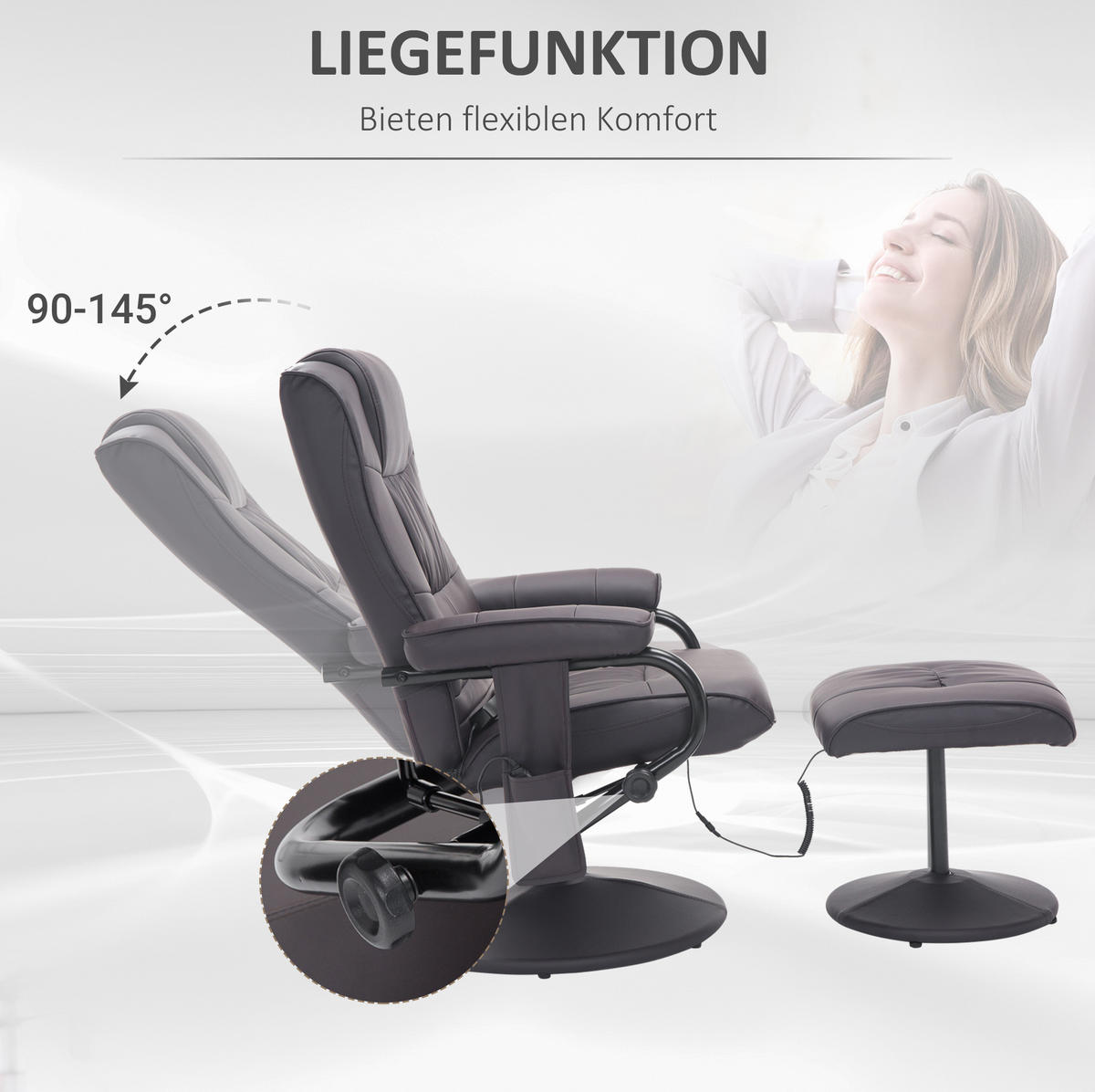RELAXSESSEL 84/77/95 cm braun aus Stahl und Kunstleder mit Hocker, 360° drehbar und Massagefunktion - Braun, Metall (77/95/84cm) - OKWISH