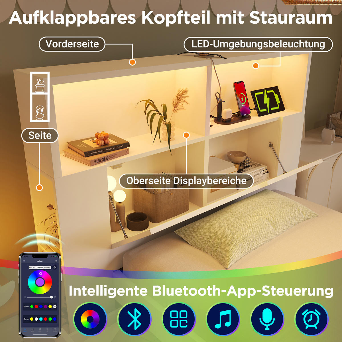 BETT 90x200 cm Weiß Multifunktions mit LED & USB - Weiß, Holzwerkstoff (90/200cm) - Urban Meuble