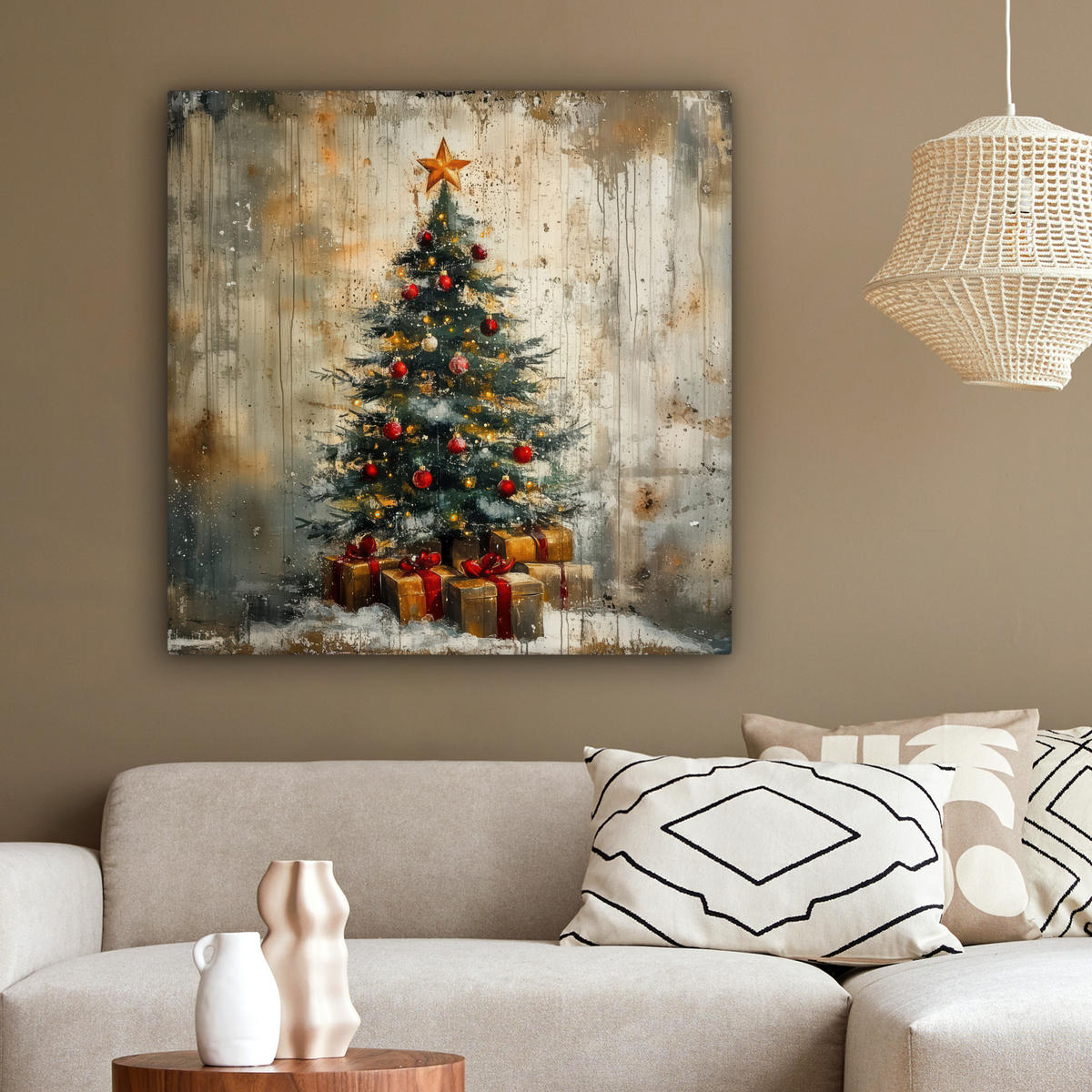 LEINWANDBILD Weihnachtsbaum - Vintage - Weihnachten - Geschenk 90x90 cm - Rostfarben, Textil (90/90cm) - MuchoWow