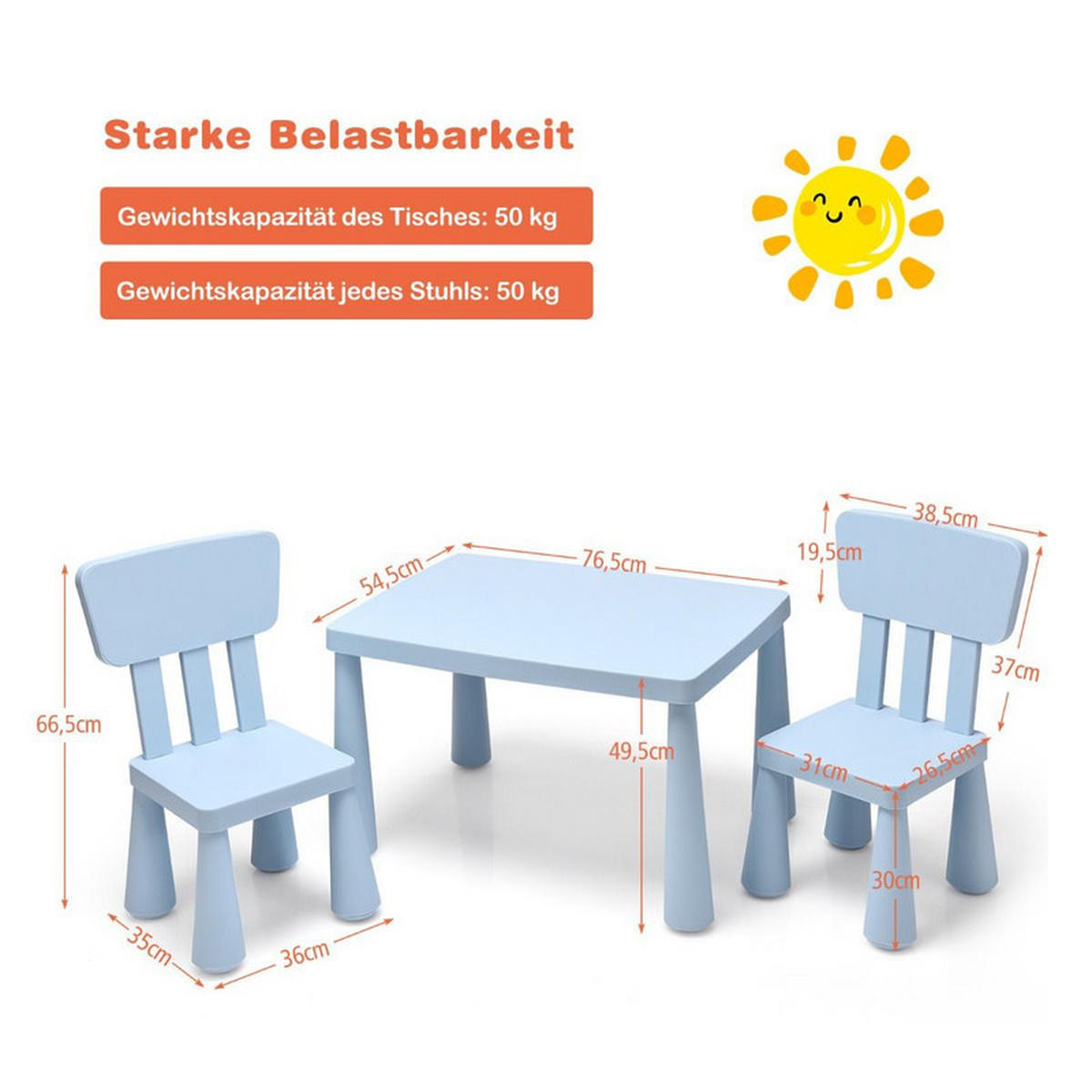 KINDERTISCH mit 2 Stühlen blau(3-tlg) - Blau, Kunststoff (76.5/49.5/54.5cm) - COSTWAY