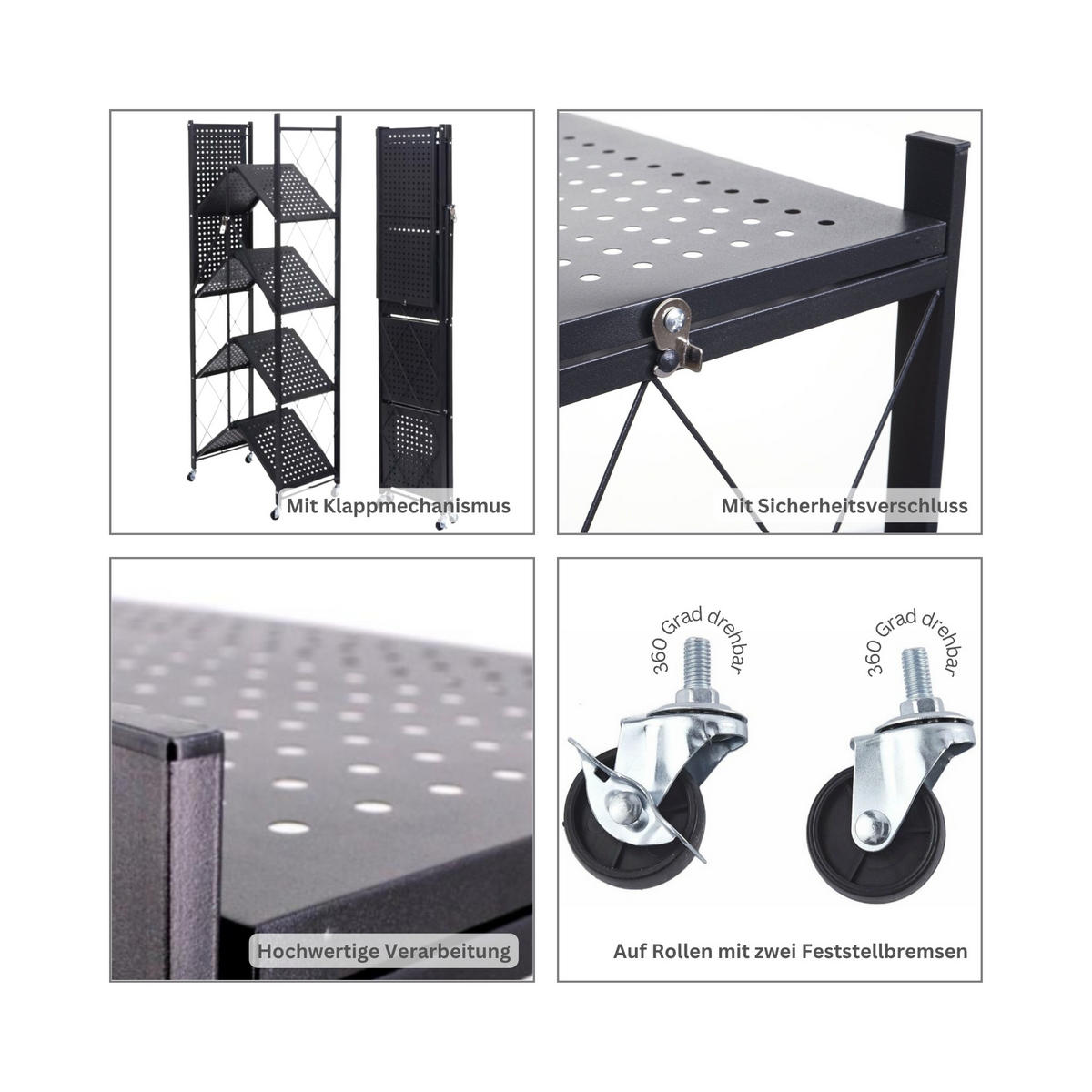 KLAPPREGAL auf Rollen 5 Fachböden Belastbarkeit 250kg 167x72x34 cm Schwarz - Schwarz, Metall (72/167/34cm) - PROREGAL