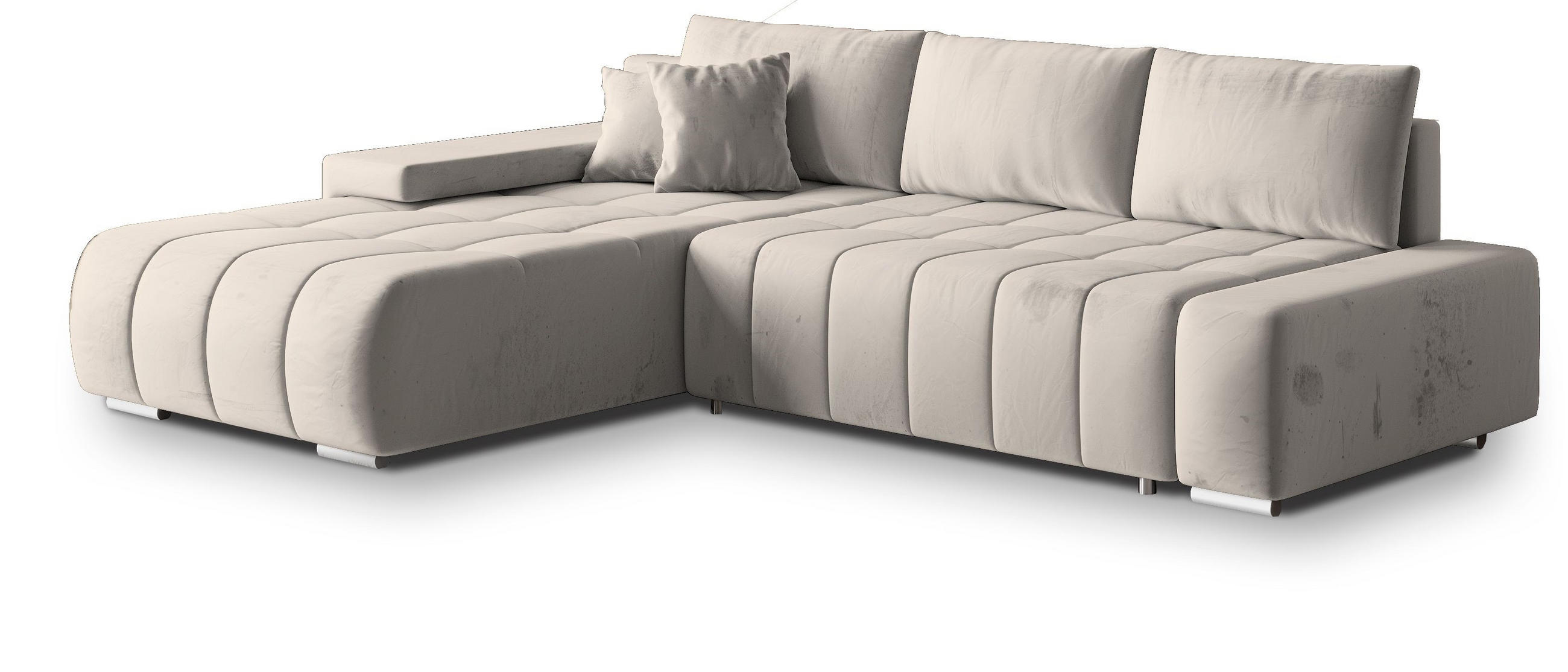 ECKSOFA ALESE L-S Creme Velours-Stoff mit Schlaffunktion - Creme, Holz (265/185cm) - MASSENO