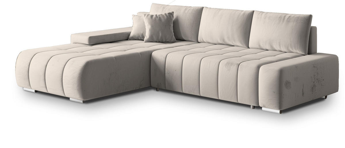 ECKSOFA ALESE L-S Creme Velours-Stoff mit Schlaffunktion - Creme, Holz (265/185cm) - MASSENO