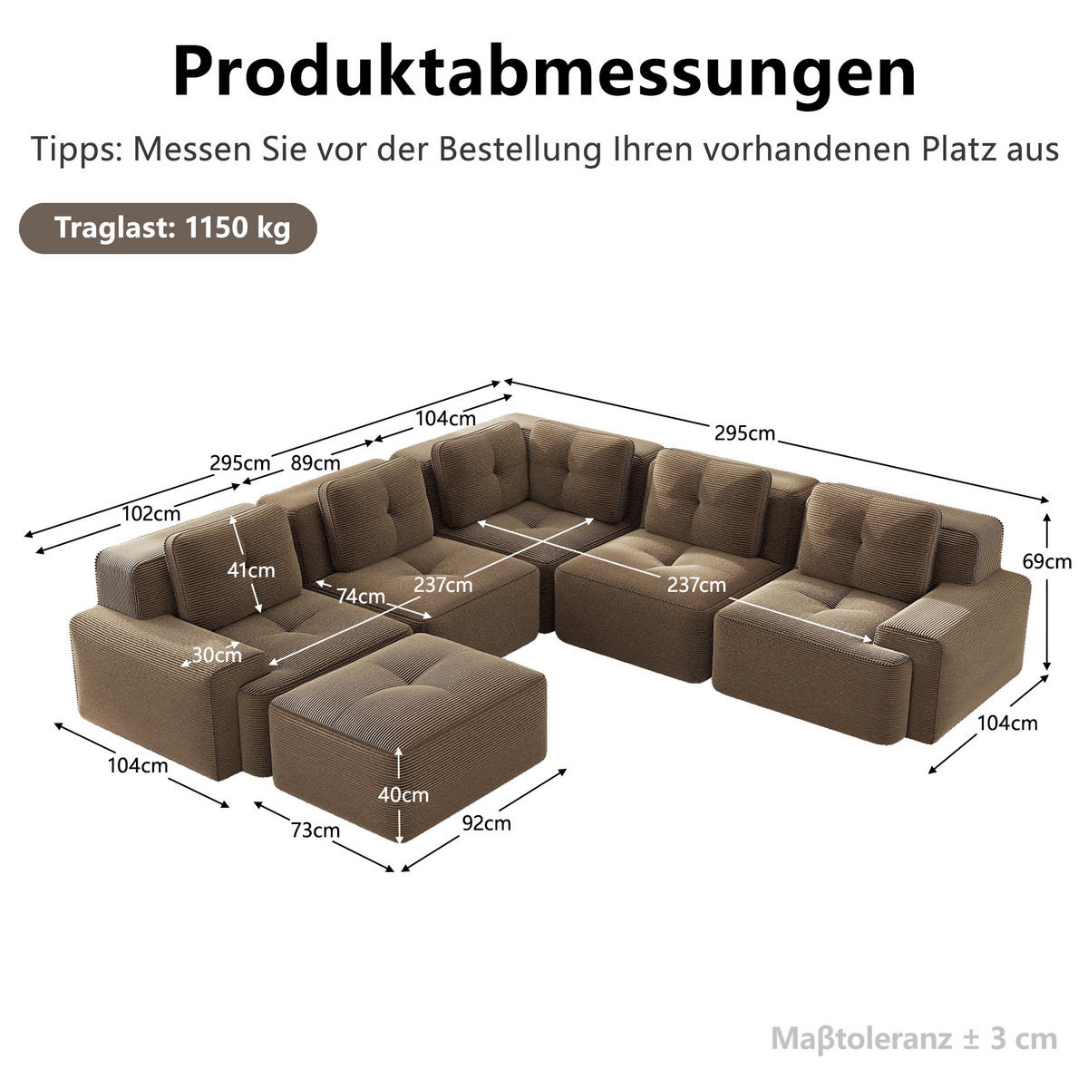 WOHNLANDSCHAFT DE-34424 mit Ottoman und Cordstoff Braun - Braun, Textil (295/69/295cm) - ComfortXL