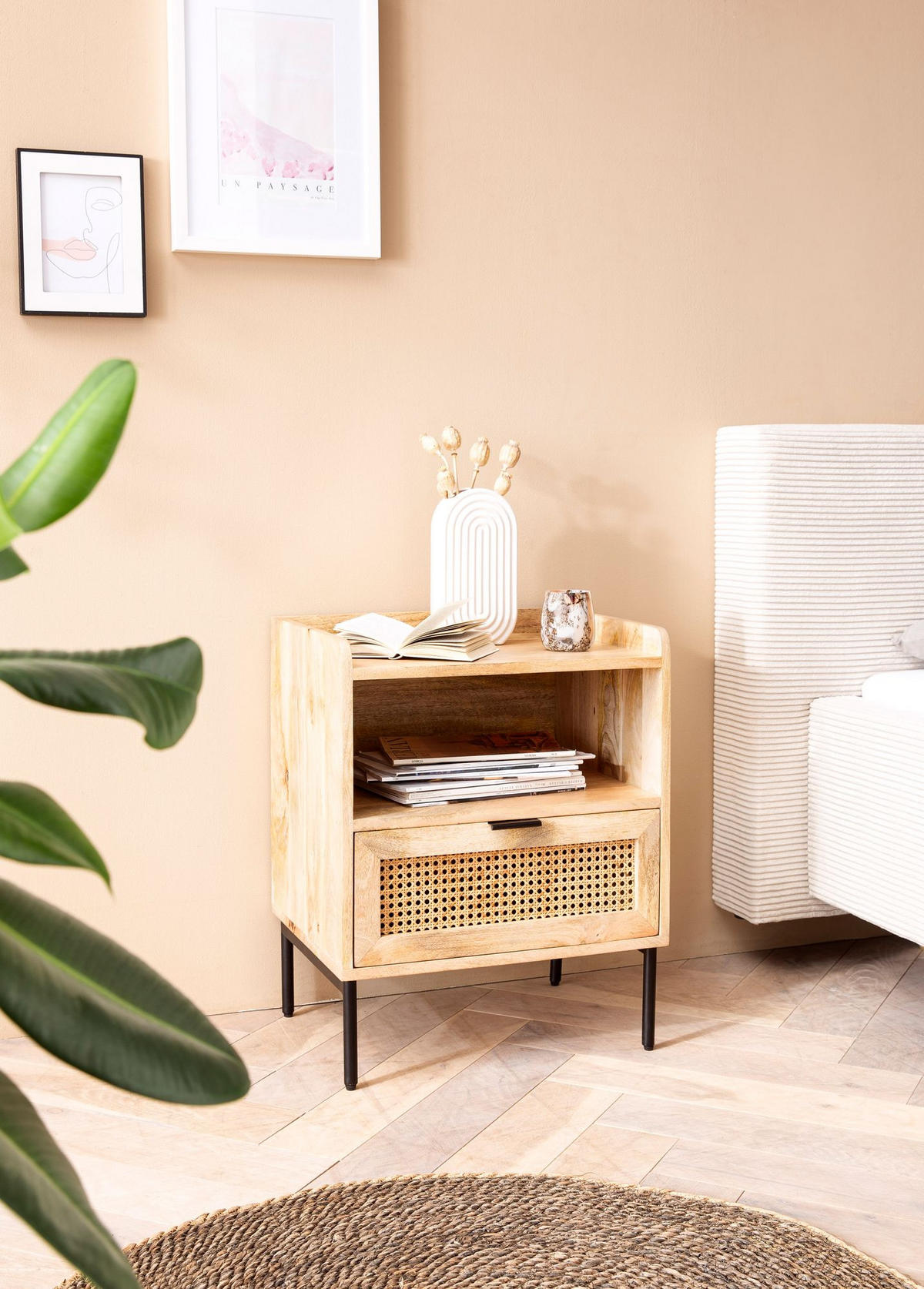 NACHTTISCH – Mango Massivholz/Rattan, 50x60x40 cm, 1 Schublade, Wiener Geflecht - Schwarz/Braun, Holz/Metall (50/60/40cm) - KADIMA DESIGN
