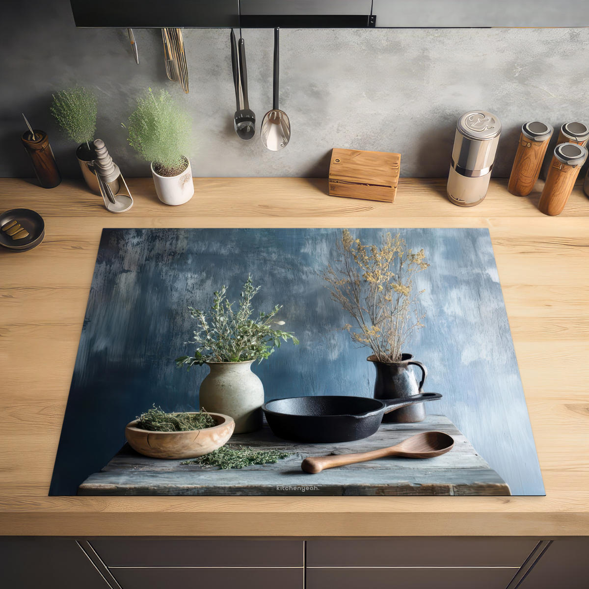 HERDABDECKPLATTE Stilleben - Kräuter - Rustikal Induktionsmatte 77x59 cm - Blaugrau, Kunststoff (77/59/0.2cm) - MuchoWow