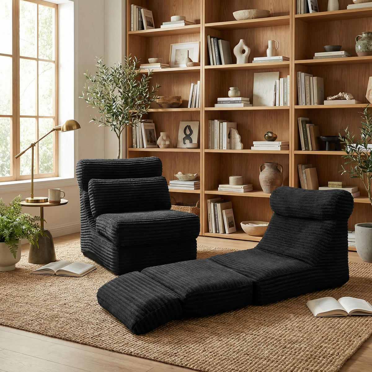 SCHLAFSESSEL 2-in-1 Bodensofa & Schlafsessel in Cord-Optik Montagefreii - Schwarz, Textil (83/83/83cm) - Urban Meuble