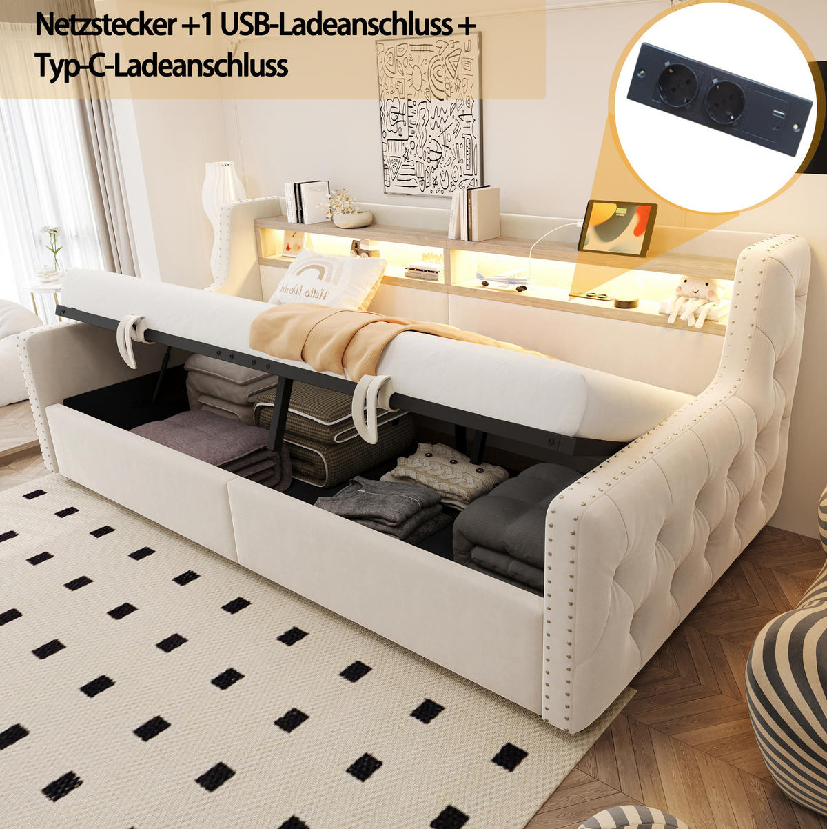 POLSTERBETT 90/200 cm aus Samt mit LED-Beleuchtung, Beige - Beige, Textil (90/200cm) - OKMYHOME