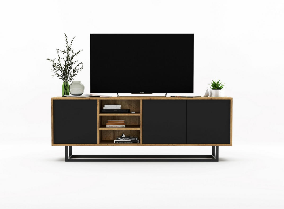 TV-LOWBOARD Apollo Eiche wotan Schwarz Matt 150/53/35 cm - Schwarz, Holzwerkstoff/Metall (150/53/35cm) - Meble Lindner