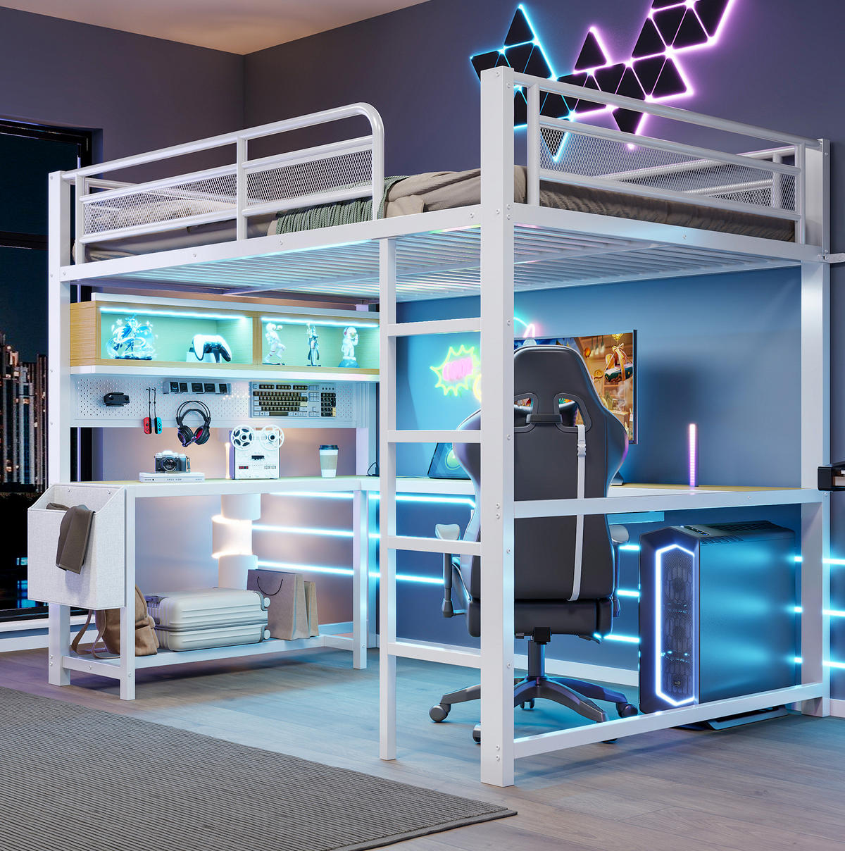 HOCHBETT 140/200 cm Weiß mit Schreibtisch, LED und USB - Weiß, Metall (140/200cm) - MIVRAY