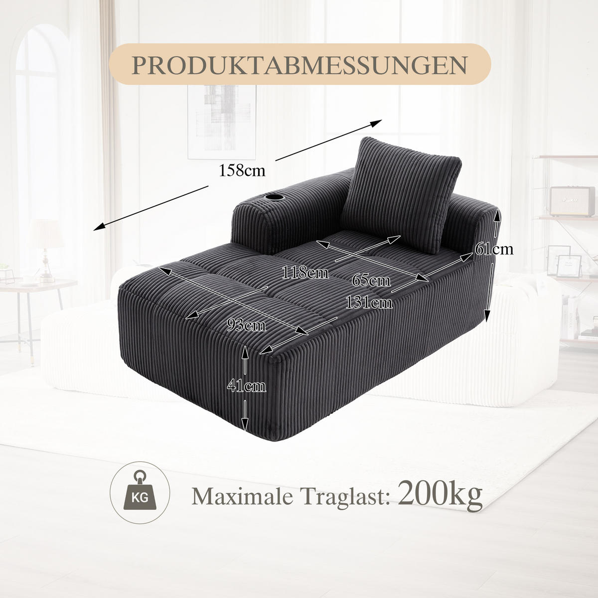 CHAISELONGUE in Cord (158 cm) mit Getränkehalter & Seitentaschen - Dunkelgrau, Textil (158/61/93cm) - Urban Meuble