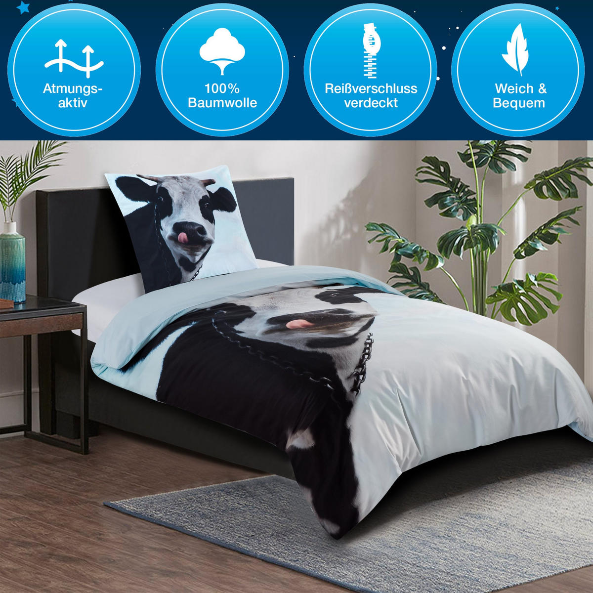 BETTWÄSCHE 4-teilig Kuhkopf - Blau, Naturmaterialien (135/200cm) - Sanilo