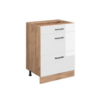 KÜCHENUNTERSCHRANK R-Line Weiß Hochglanz 60 cm mit Schubladen, ohne AP - Weiß Hochglanz/Eiche Wotan, Holzwerkstoff (60/81.6/46cm) - Vicco