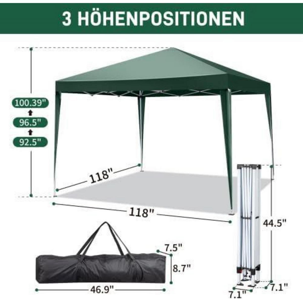PAVILLON 3 x 3 m wasserdicht UV Schutz 50+ mit 4 Seitenteilen Grün - Grün, Textil (255/300/300cm)