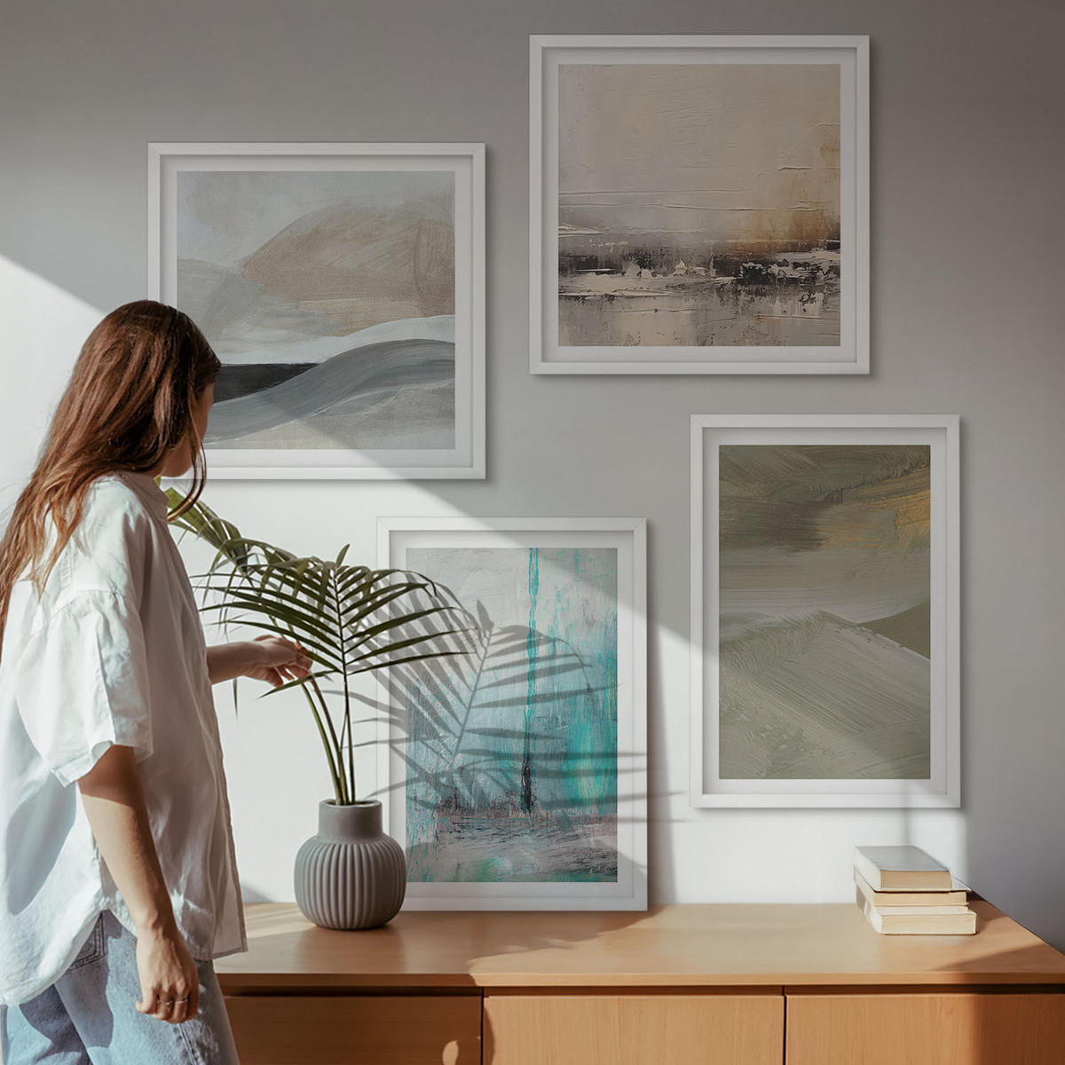 WANDBILDER 4er-Set - 50x50 cm & 40x60 cm Weißer Rahmen - Gemalte abstrakte Dekorationen - Weiß, Kunststoff (50/50cm) - ArtPrintCave