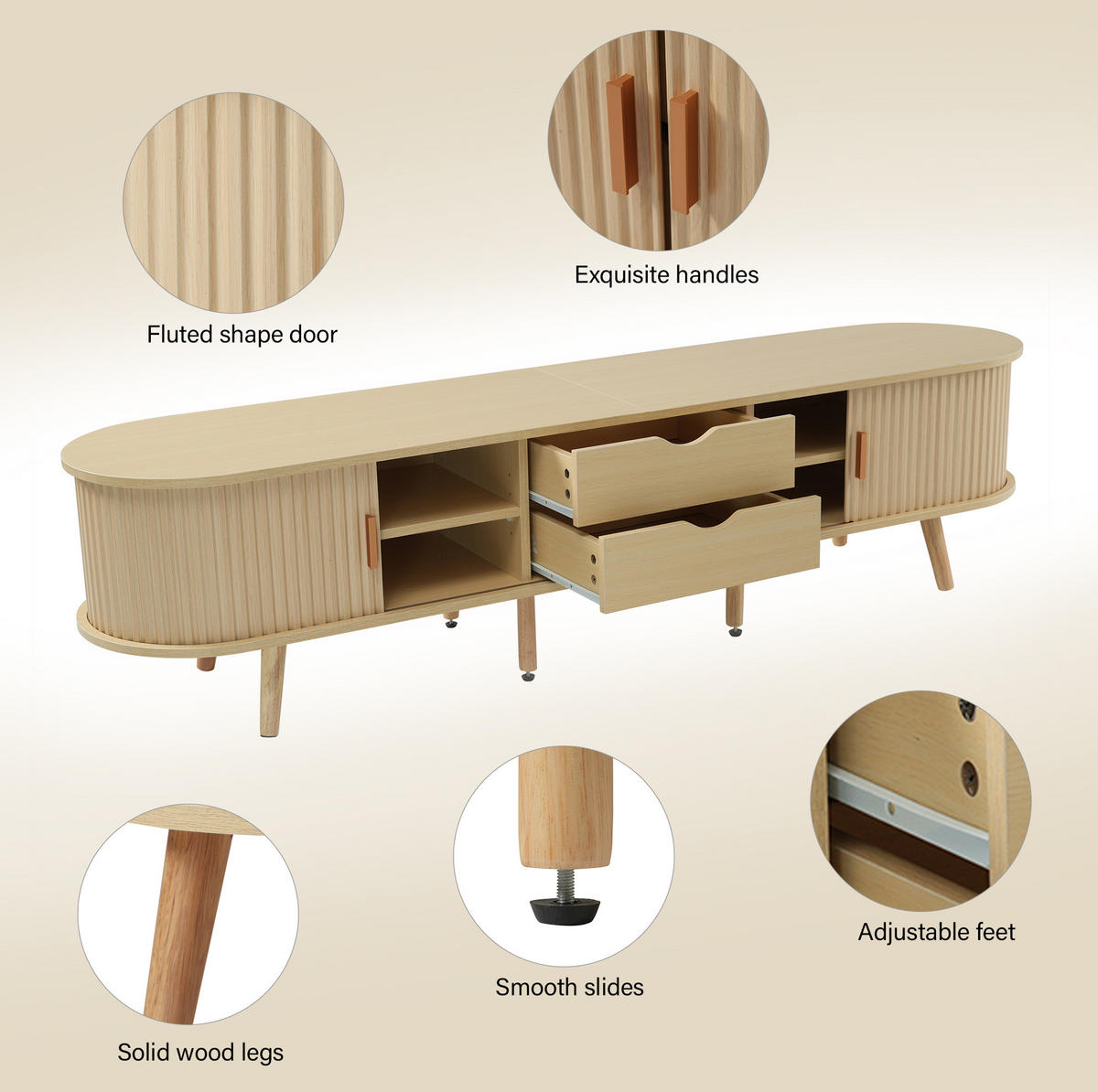 NÍZKÁ komoda z MDF, 175/40/42 cm, dekor světlý ořech, se 2 zásuvkami a posuvnými dvířky - barva starého dubu, kompozitní dřevo (175/42/40cm) - BEAOK