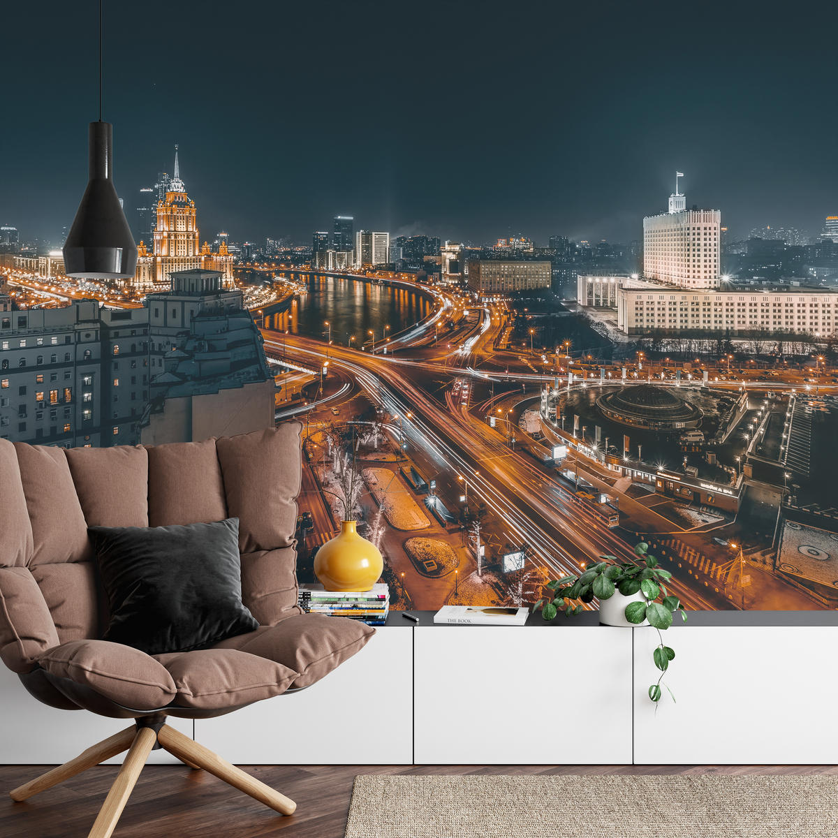 FOTOTAPETE für Wohnzimmer Moskau Nacht Panorama Metropole Straßen 200x140 - Beige/Schwarz, Papier (200/140cm) - Muralo
