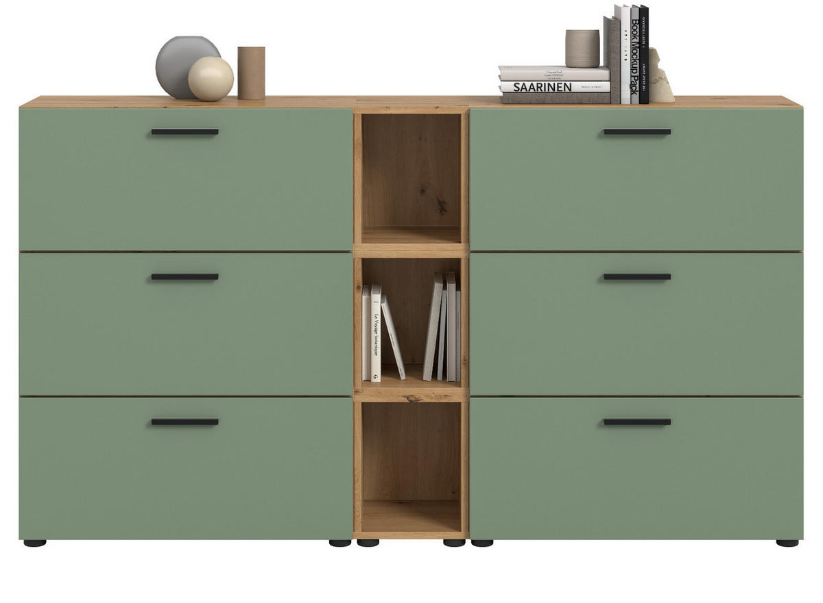 SIDEBOARD grün, Eiche Artisan 176 cm, Kommode mit Soft-Close - Schwarz/Eiche Artisan, Holzwerkstoff/Kunststoff (176/99/34cm) - Inn.Furn