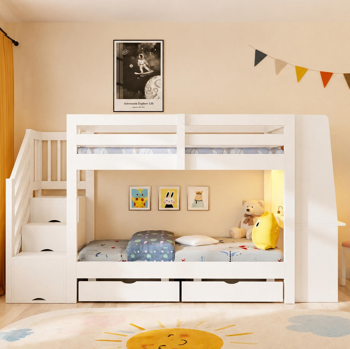 HOCHBETT aus Holz 90x200 cm Weiß mit Stauraumtreppe, Schreibtisch, LED-Beleuchtung und Schubladen - Weiß, Holz (90/200cm) - Modfu