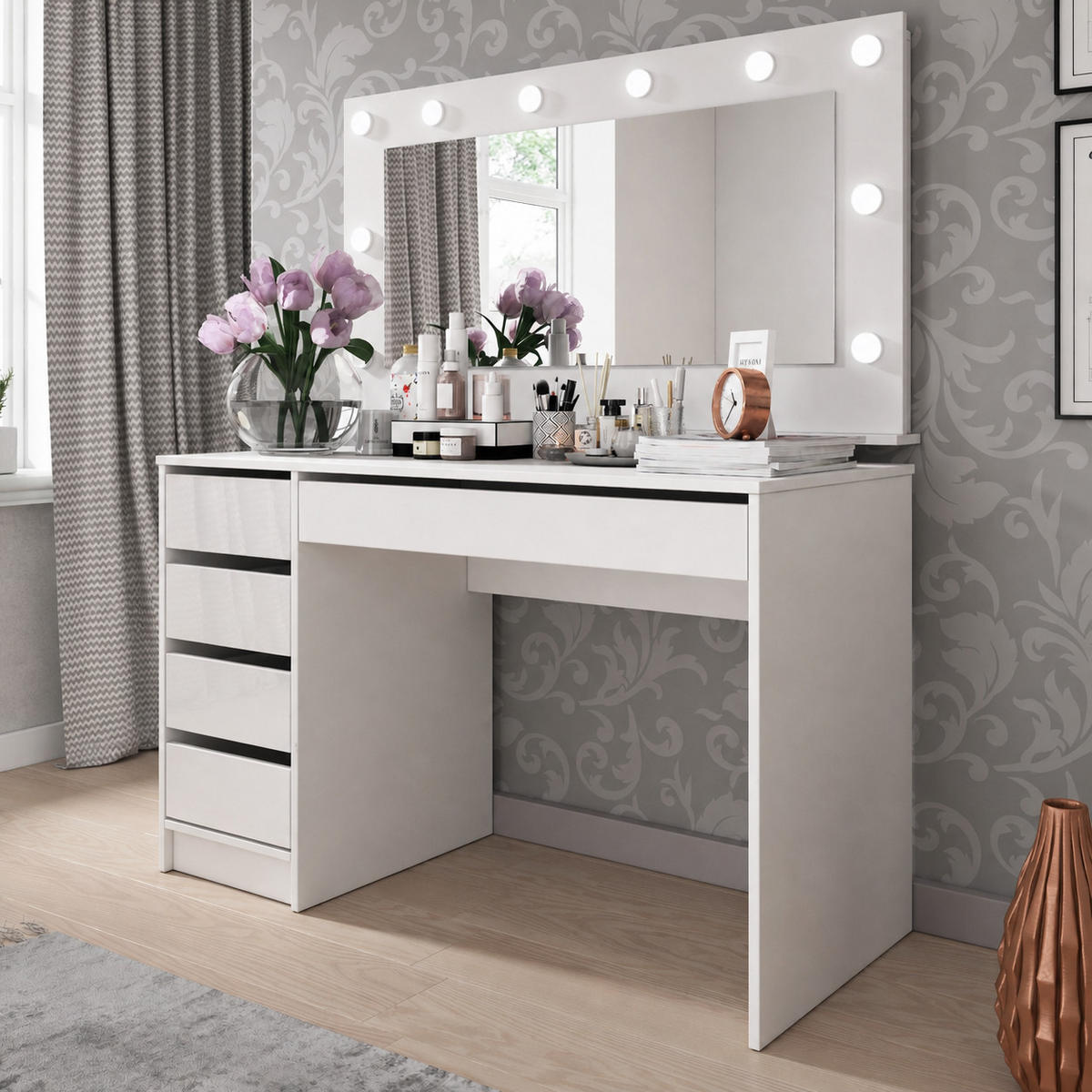 SCHREIBTISCH MIA 120 cm Weiß Hochglanz - mit 5 Schubladen, beidseitig montierbar - Weiß Hochglanz, Holz/Holzwerkstoff (55/120/75cm) - Ravio