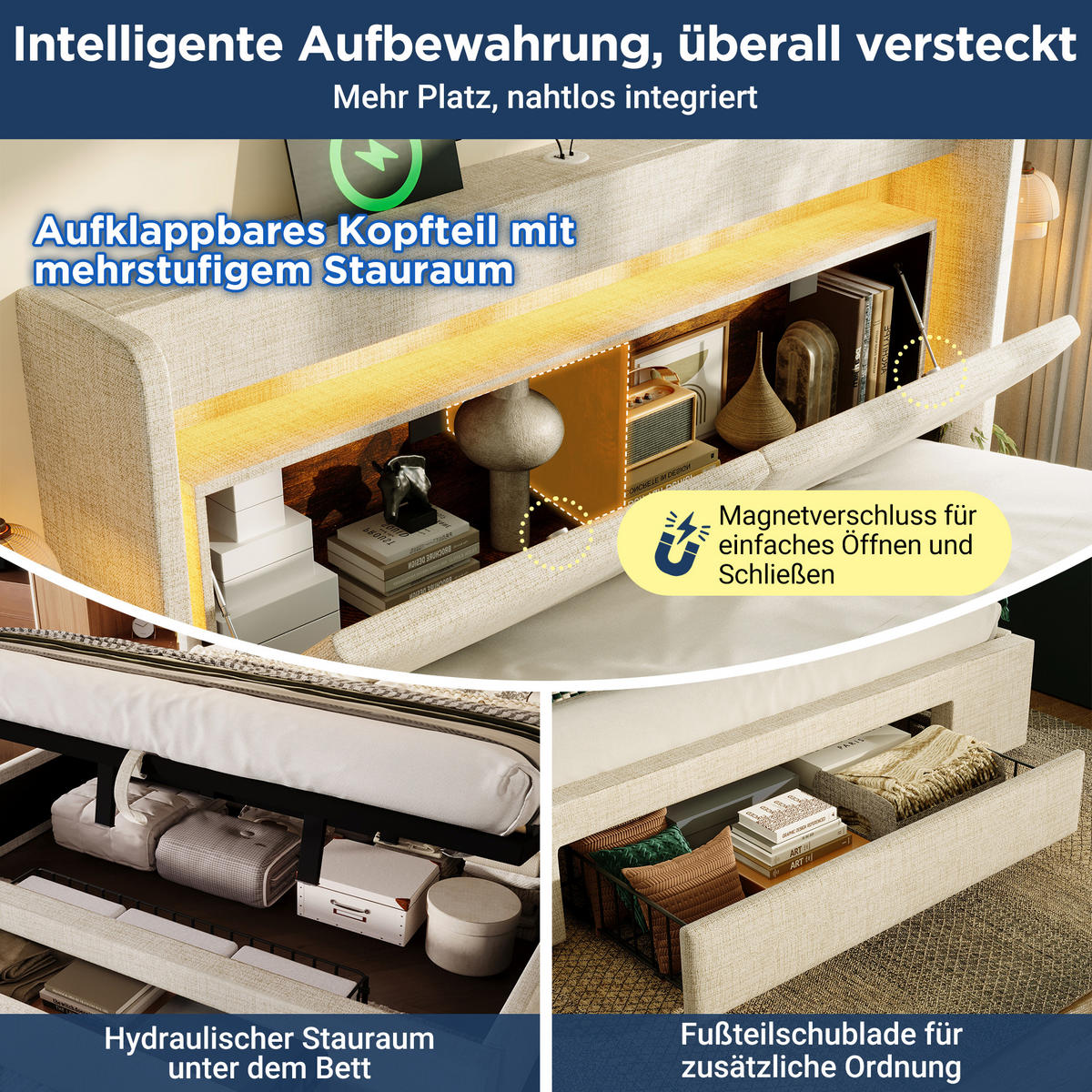 POLSTERBETT 140/200 cm mit LED, USB- und USB-C-Anschluss, hydraulischem Stauraum und Matratze, Beige - Beige, Textil (140/200cm) - Redom