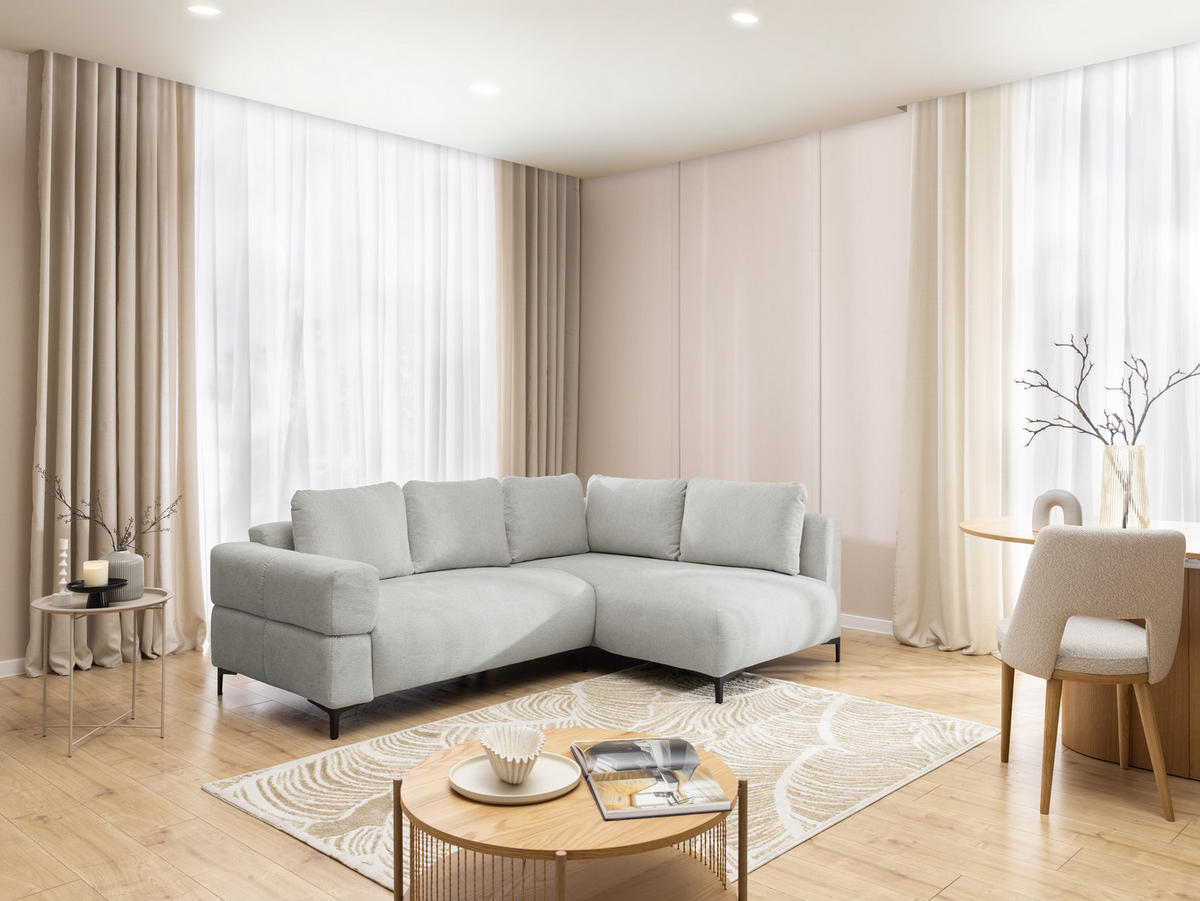 ECKSOFA Cardea in Bubble-Optik aus weichem Hellgrau Strukturstoff mit hohem Sitzkomfort - Ottomane rechts - Hellgrau/Schwarz, Holz/Textil (230/170cm) - S-Style Möbel