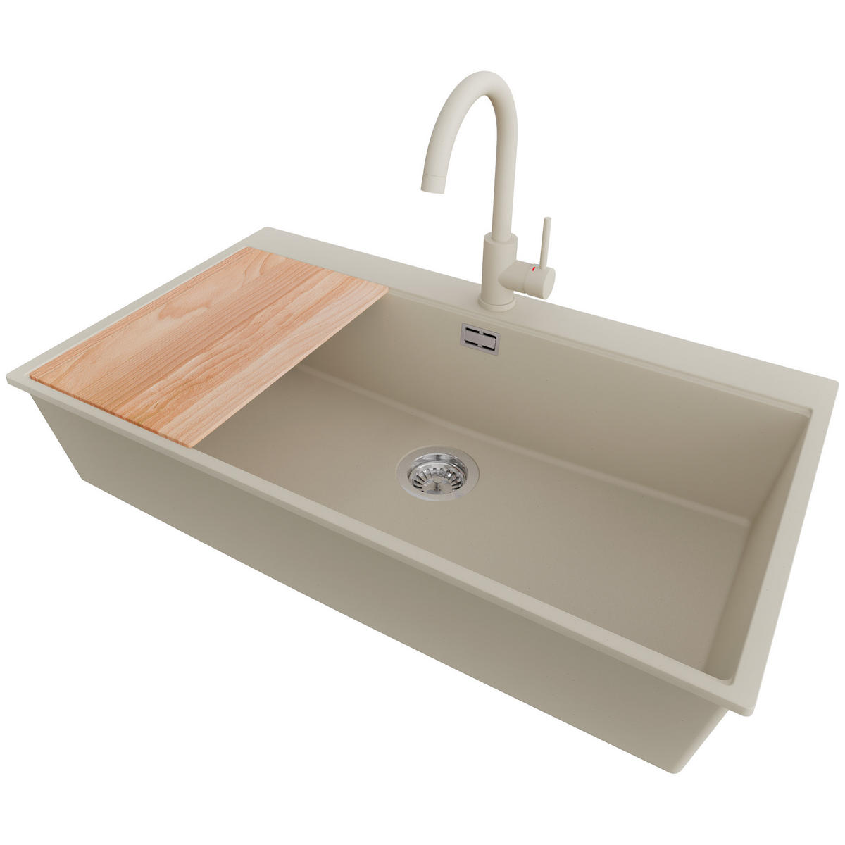 GRANITSPÜLE Oslo, 2-er set Beige 88/50 cm 1 Becken + Küchenarmatur 32/20 cm + Ablauf-Set + Schneidebrett ab 90er Unterschrank - Chromfarben/Beige, Kunststoff (88/20/50cm) - Primagran