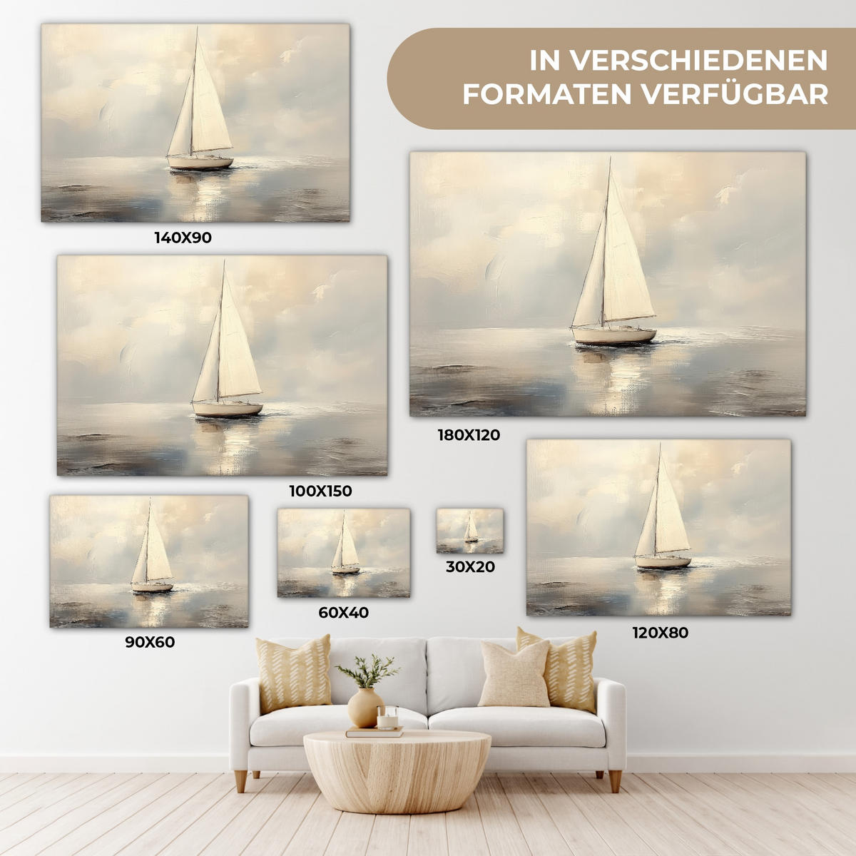 LEINWANDBILD Segelschiff - Meer - Bewölkt XXL 150x100 cm - Creme, Textil (150/100cm) - MuchoWow