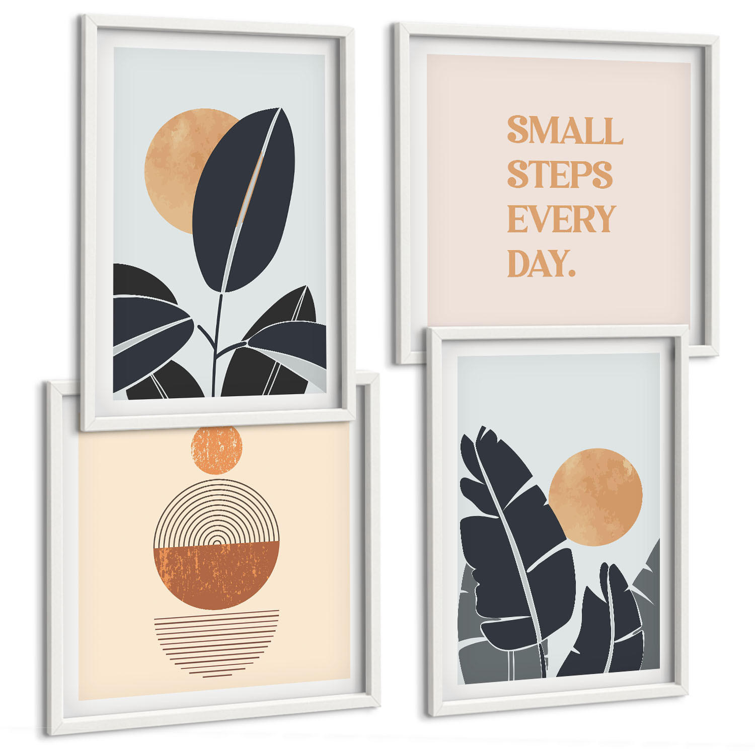 BILDER SET 4er Set - 50x50 cm & 40x60 cm Weißer Rahmen - Pflanzenmuster große minimalistische Sonnen - Weiß, Kunststoff (50/50cm) - TULUP