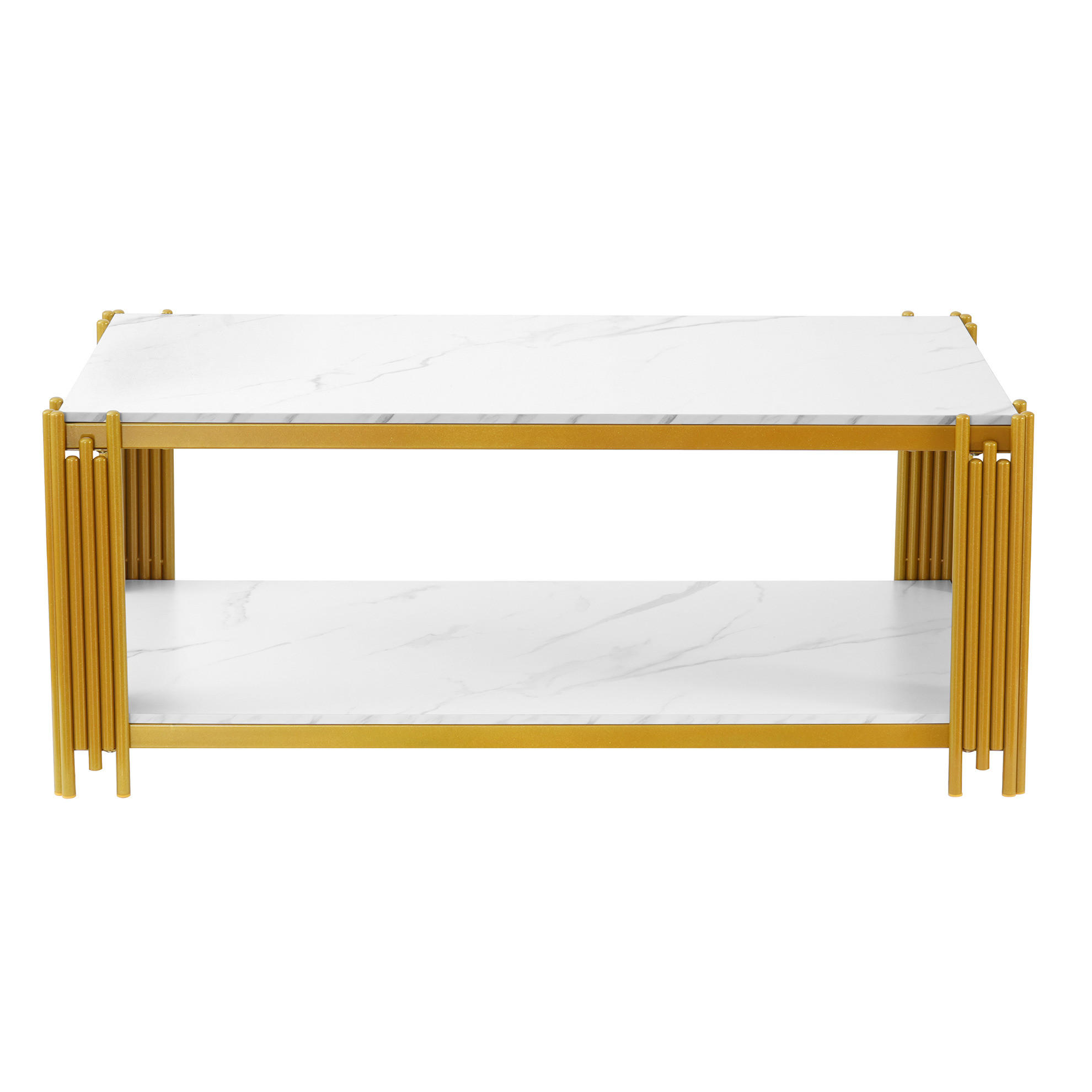 OKWISH KONFERENČNÍ stolek 114/64/46 cm z MDF a kovu zlatý a bílý s mramorovým dekorem a dvěma policemi