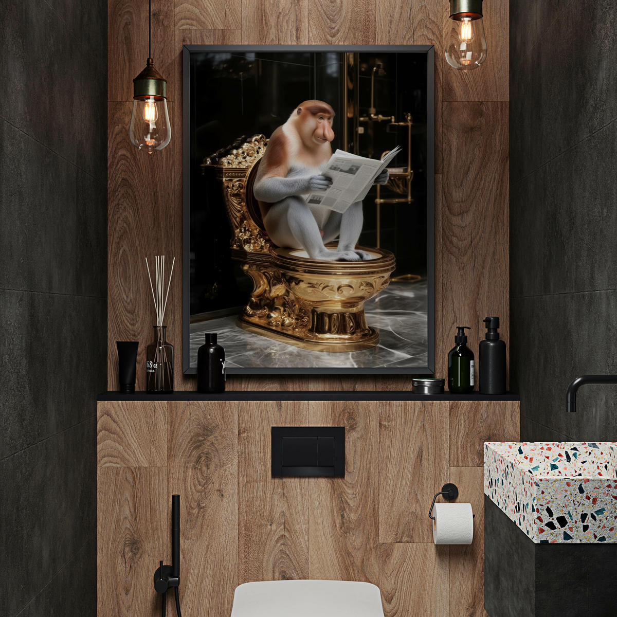 POSTER für WC Badezimmer NASENAFFE mit einer Zeitung Goldene Toilette Abstraktion 20x30cm - Gelb/Schwarz, Papier (20/30/30cm) - Muralo