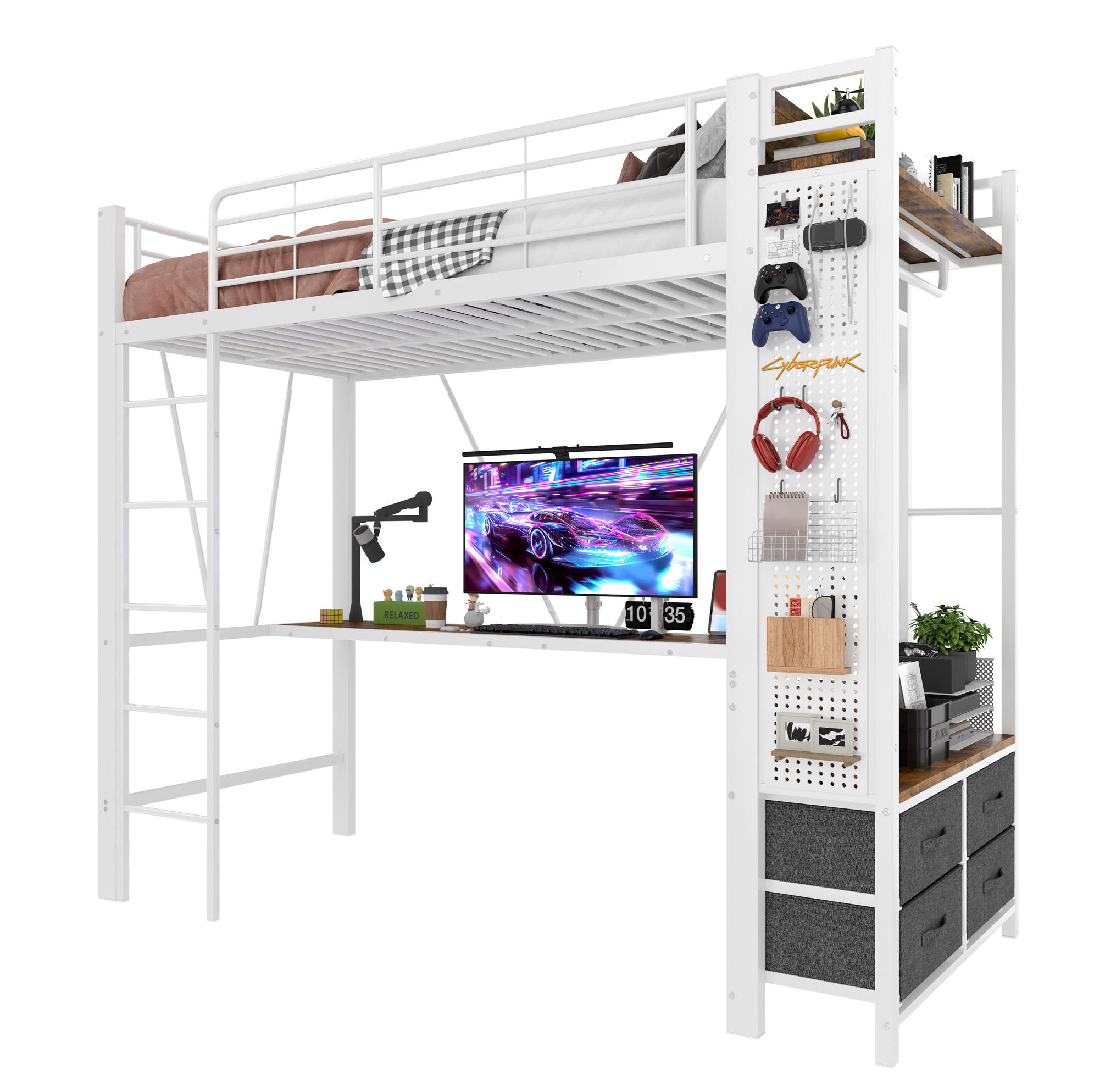 HOCHBETT 90/200 cm in Weiß mit Schreibtisch und LED-Beleuchtung - Weiß, Metall (90/200cm) - Flora Grace