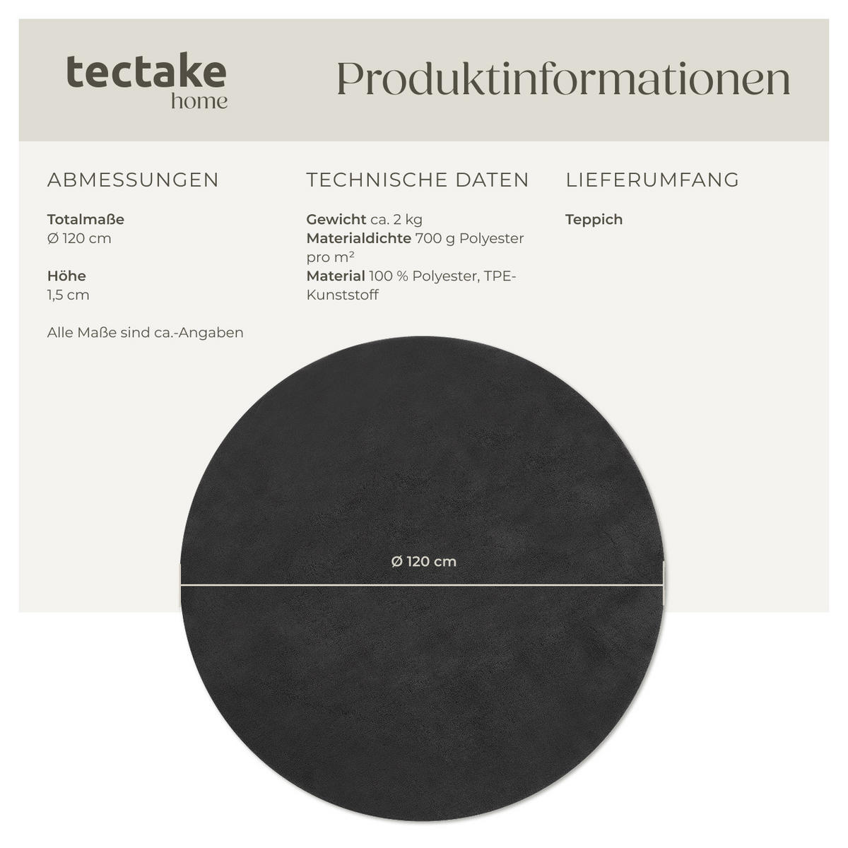 KURZFLORTEPPICH Soft Zone,rutschfeste Unterseite,anthrazit - Anthrazit, Kunststoff (120/120cm) - tectake