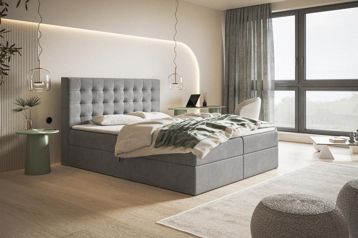 BOXSPRINGBETT 160x200 Jora mit Matratze H3, Bettkasten, Hellgrau - Hellgrau, Holz/Textil (160/200cm) - Emporius
