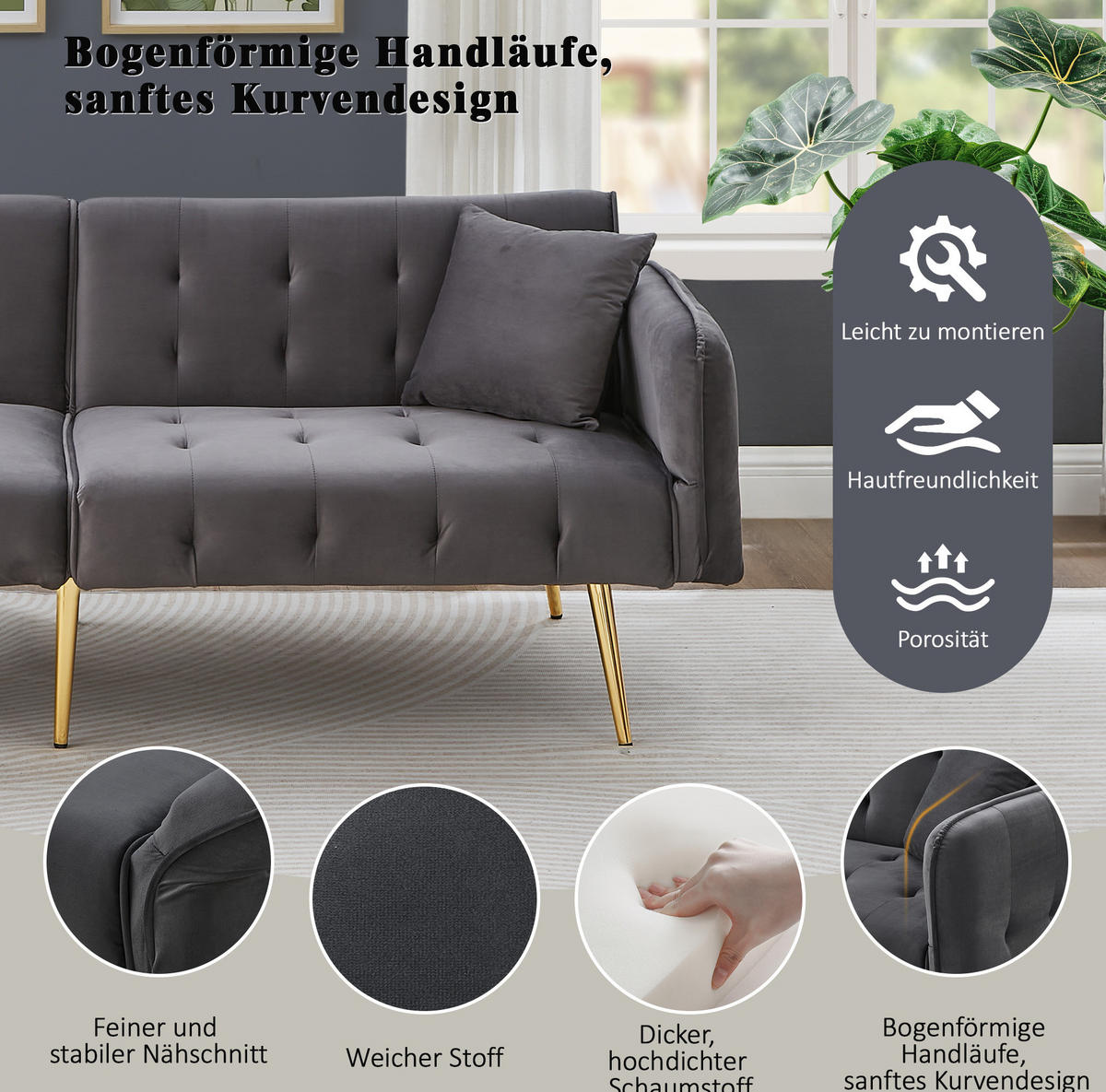 SCHLAFSOFA 215/81,5 cm Liegefläche – mit Veloursbezug und verstellbaren Armlehnen - Grau, Textil (82/70/178cm) - BEAOK