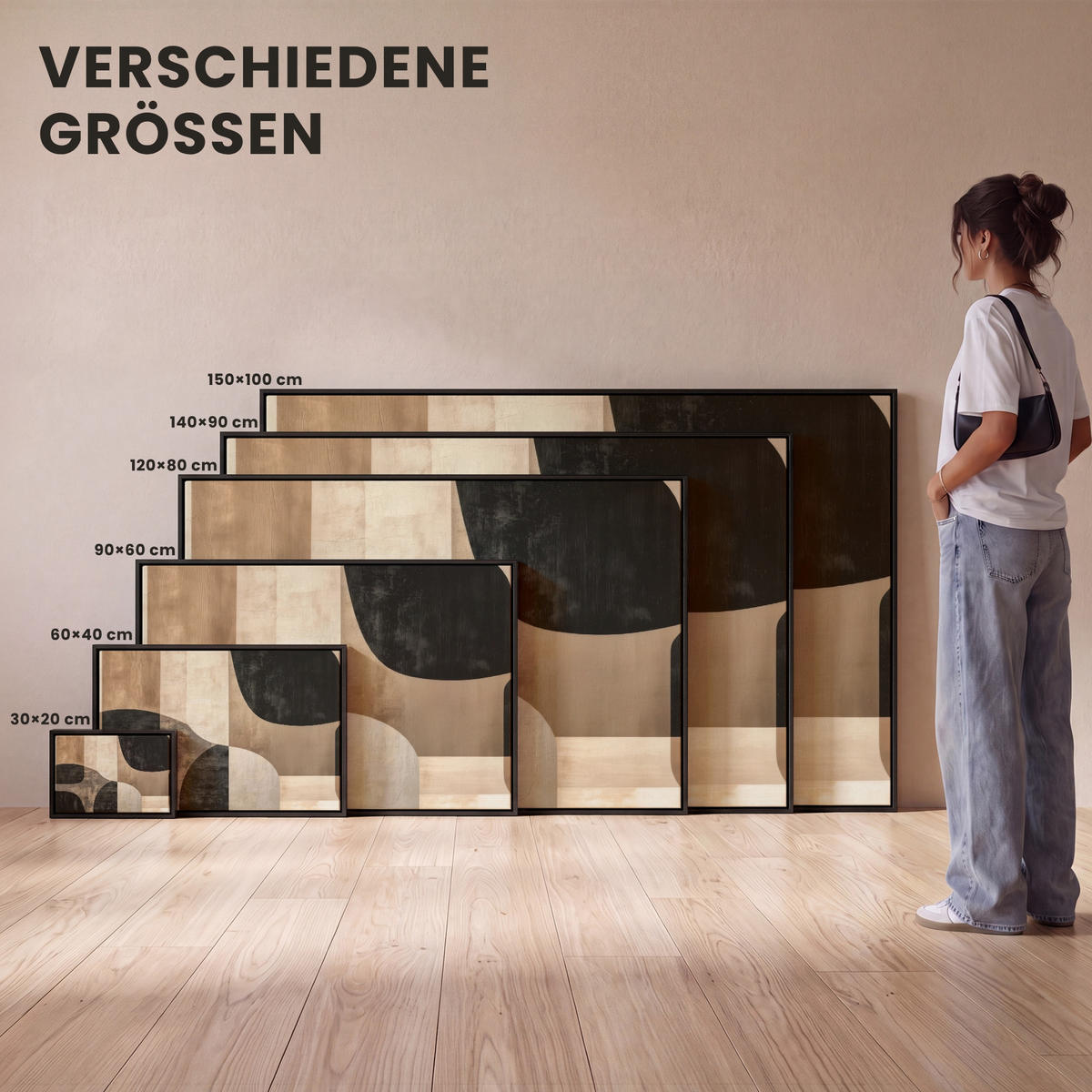 LEINWAND Bilder mit Rahmen - Abstrakt - Flugzeuge - Schwarz - Rund - 150x100 - Beige, Textil (150/100cm) - MuchoWow