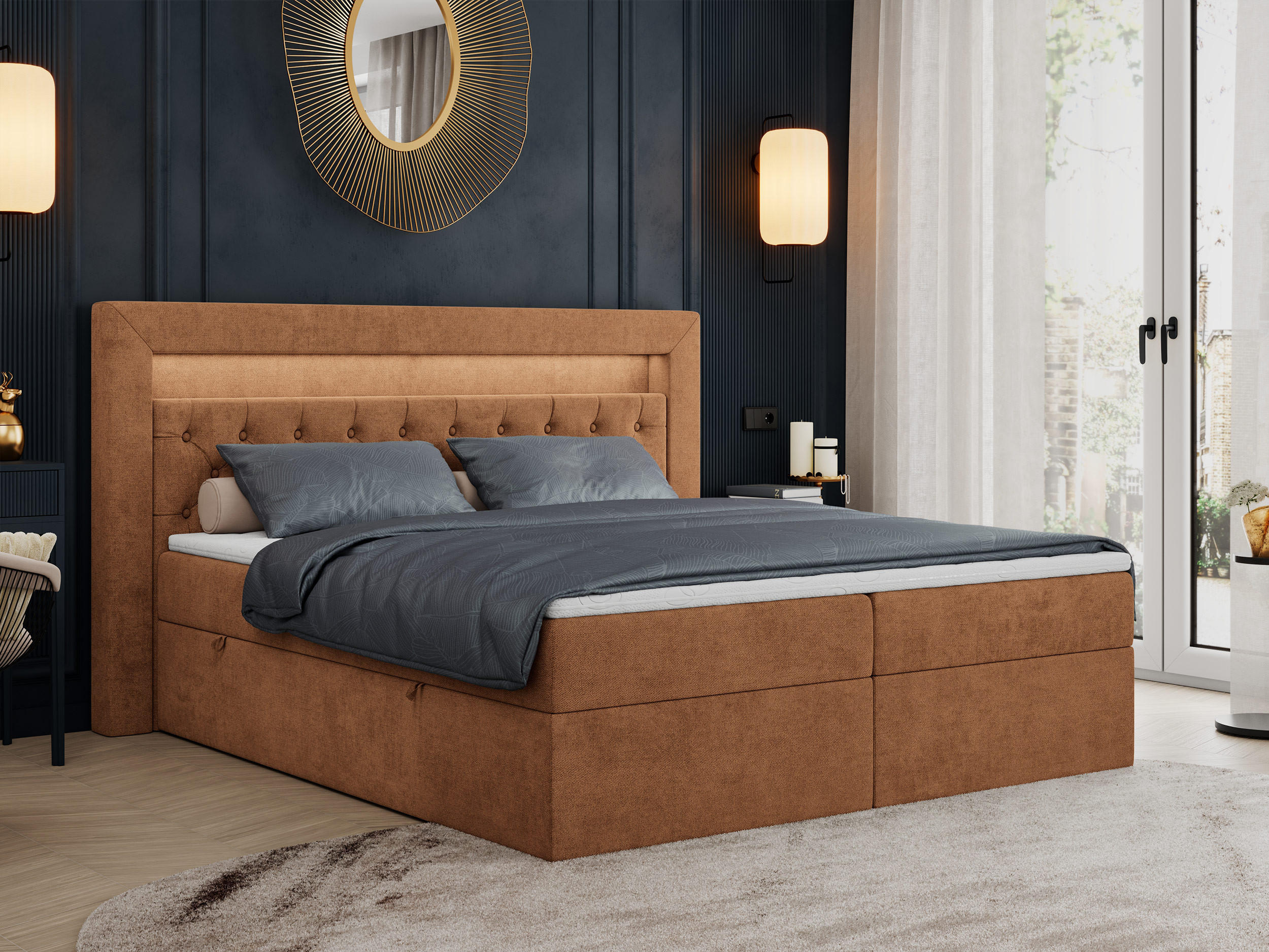 BOXBETT GOLD-6 LED 120/200 Orange Struktur - H3 - Orange, Holz/Textil (120/200cm) - MKS