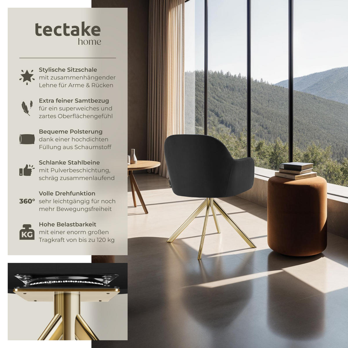 DREHSTUHL 6er Set Lona 56 x 59 x 81 cm schwarz/gold - Goldfarben/Schwarz, Textil (56/81/59cm) - tectake