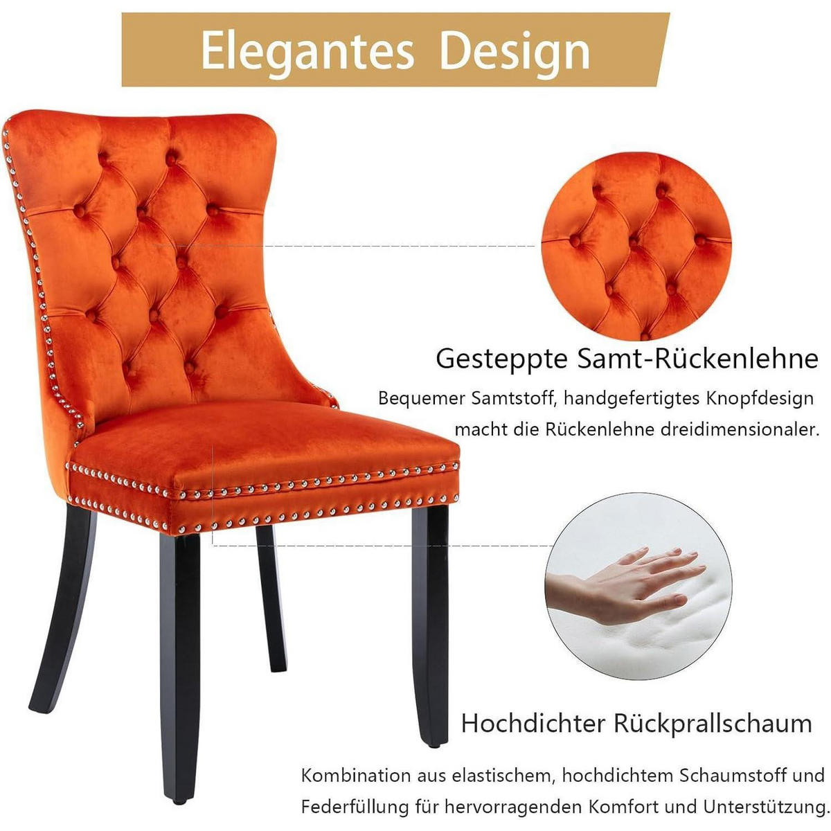 ESSZIMMERSTÜHLE 6er-Set Samt Orange mit Massivholzbeinen - Orange, Textil (50/95.2/62cm)
