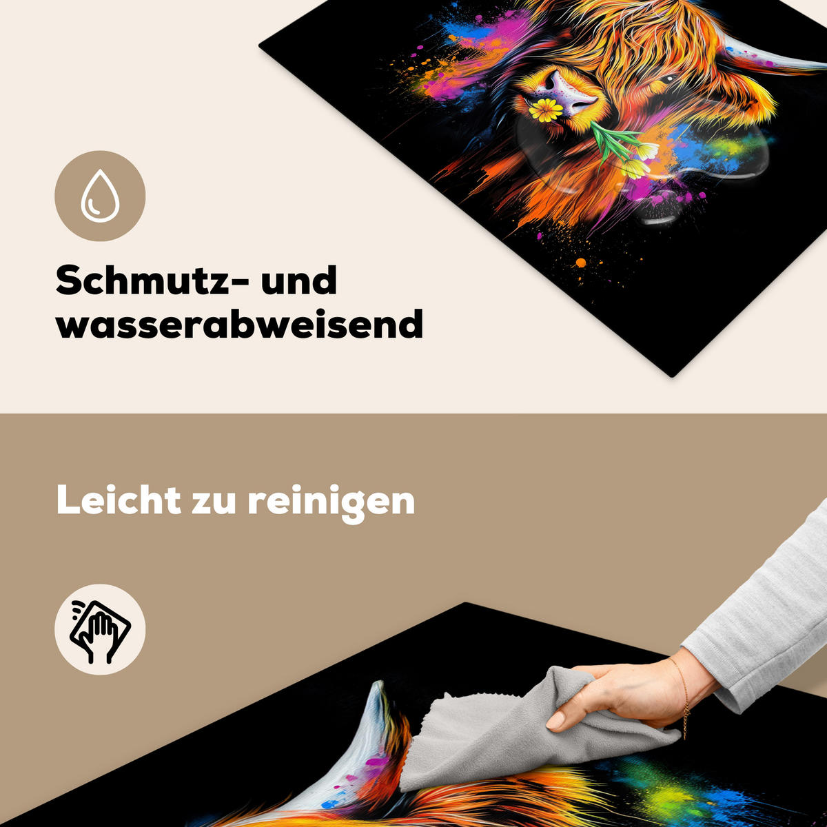 HERDABDECKPLATTE Schottischer Highlander - Graffiti - Bunt - Blume - Tiere Herdabdeckung Induktionsfeld 75x52 cm - Multicolor, Kunststoff (75/52/0.2cm) - MuchoWow