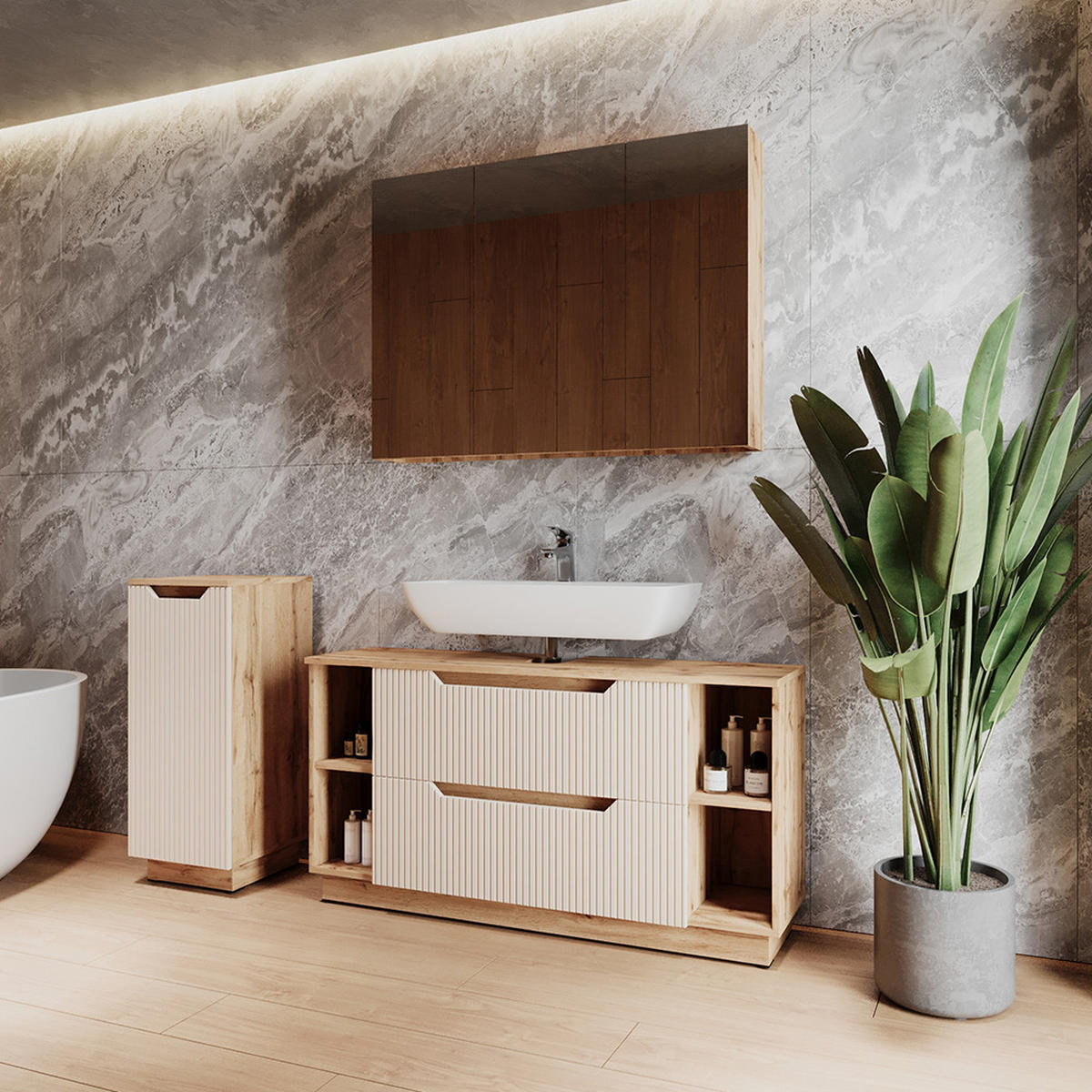 BADMÖBEL-SET Lotta Eiche/Kaschmir gestreift 3 Teile - Kaschmir/Eichefarben, Holzwerkstoff (119.2/62.5/35cm) - Vicco